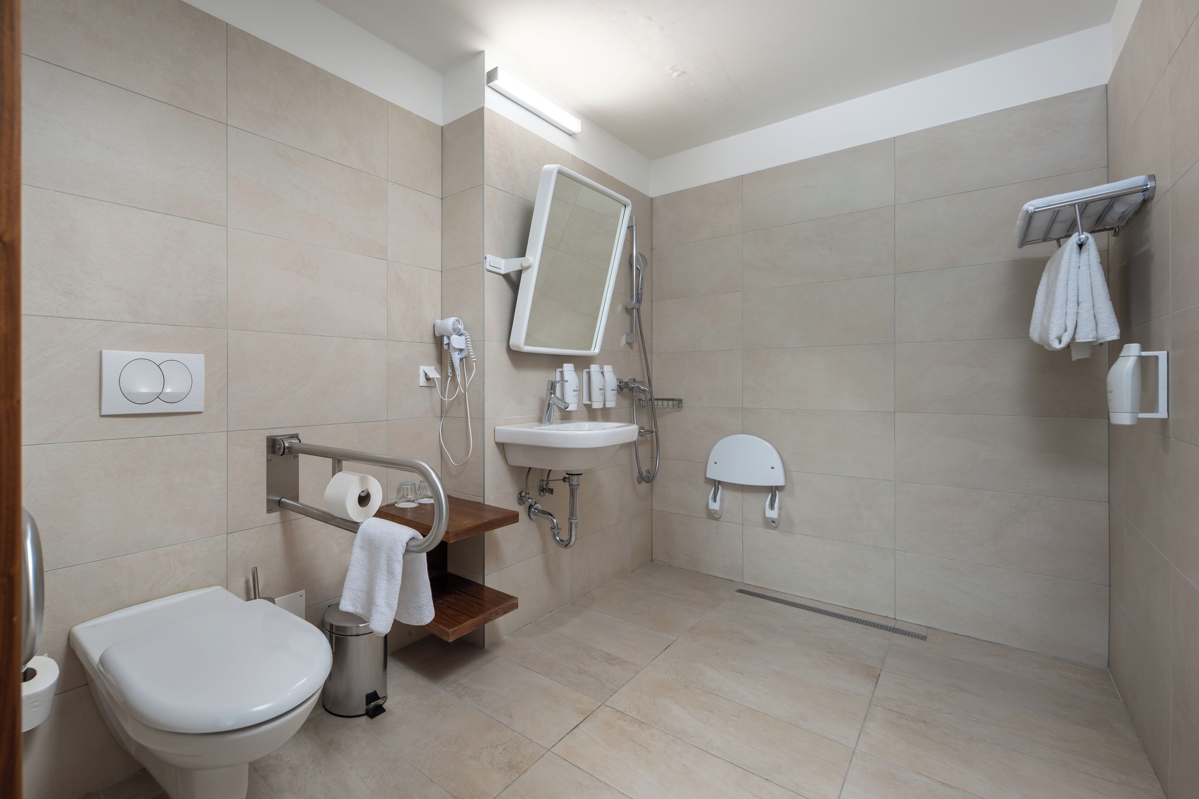 shower, free toiletries, hair dryer, towels