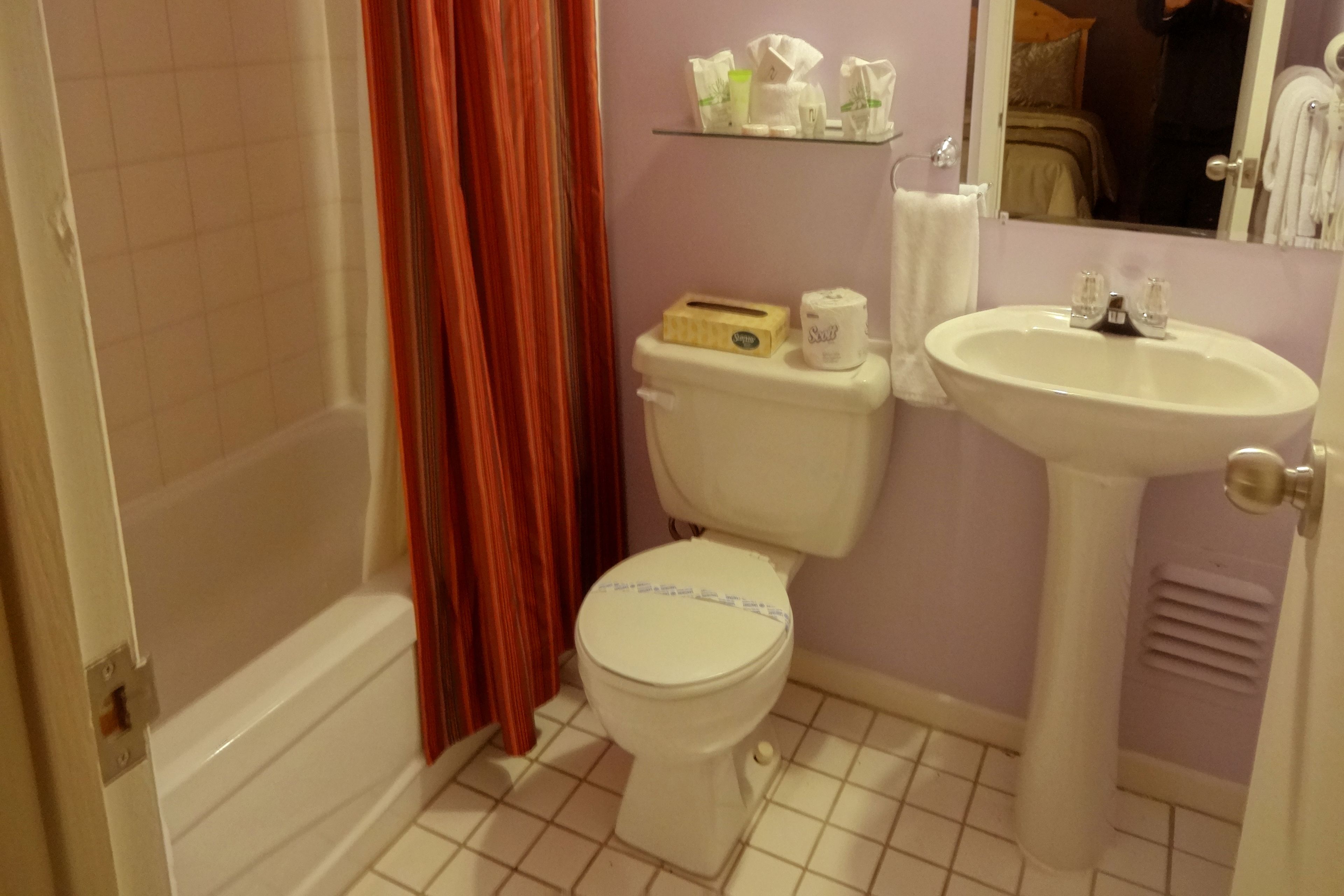 A bathroom with a toilet, sink, and shower.