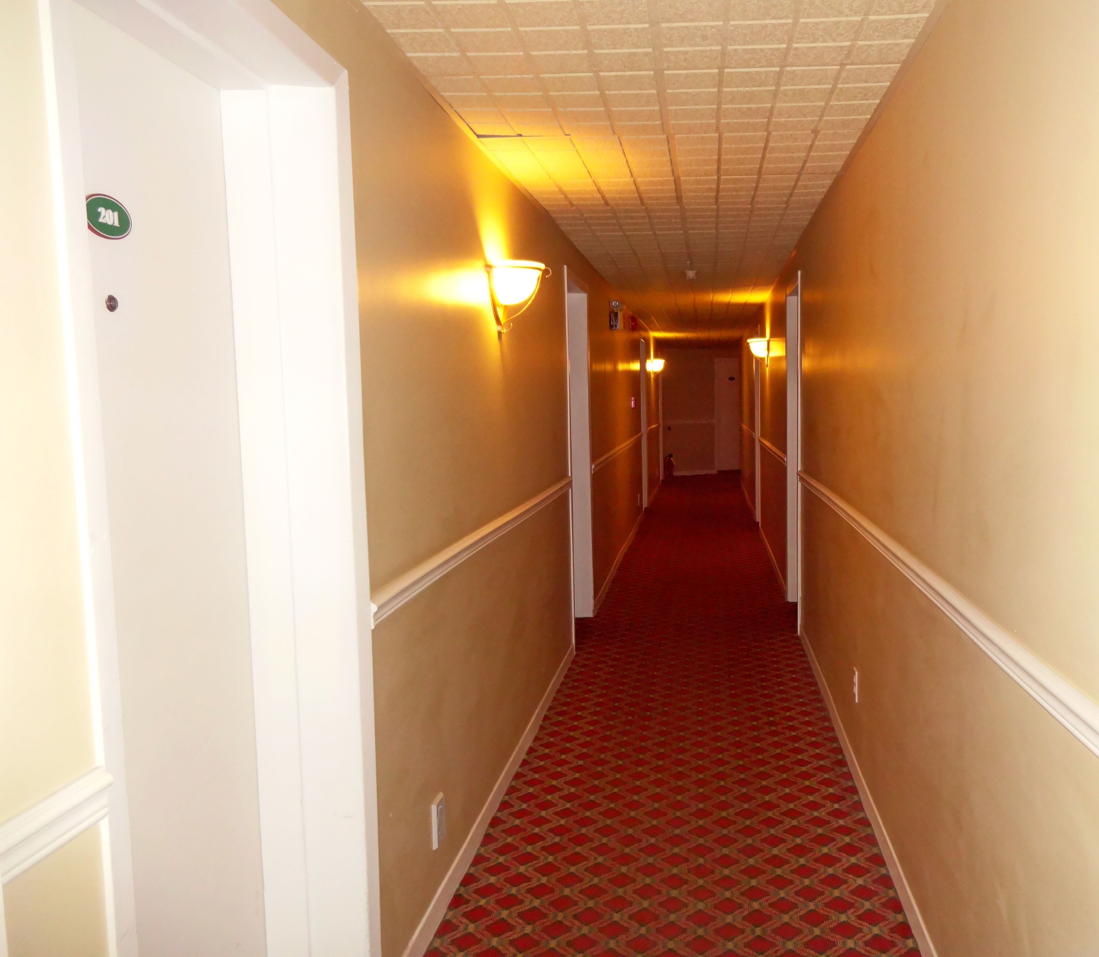 A hotel hallway with a red carpet, white walls, and wall-mounted lights.