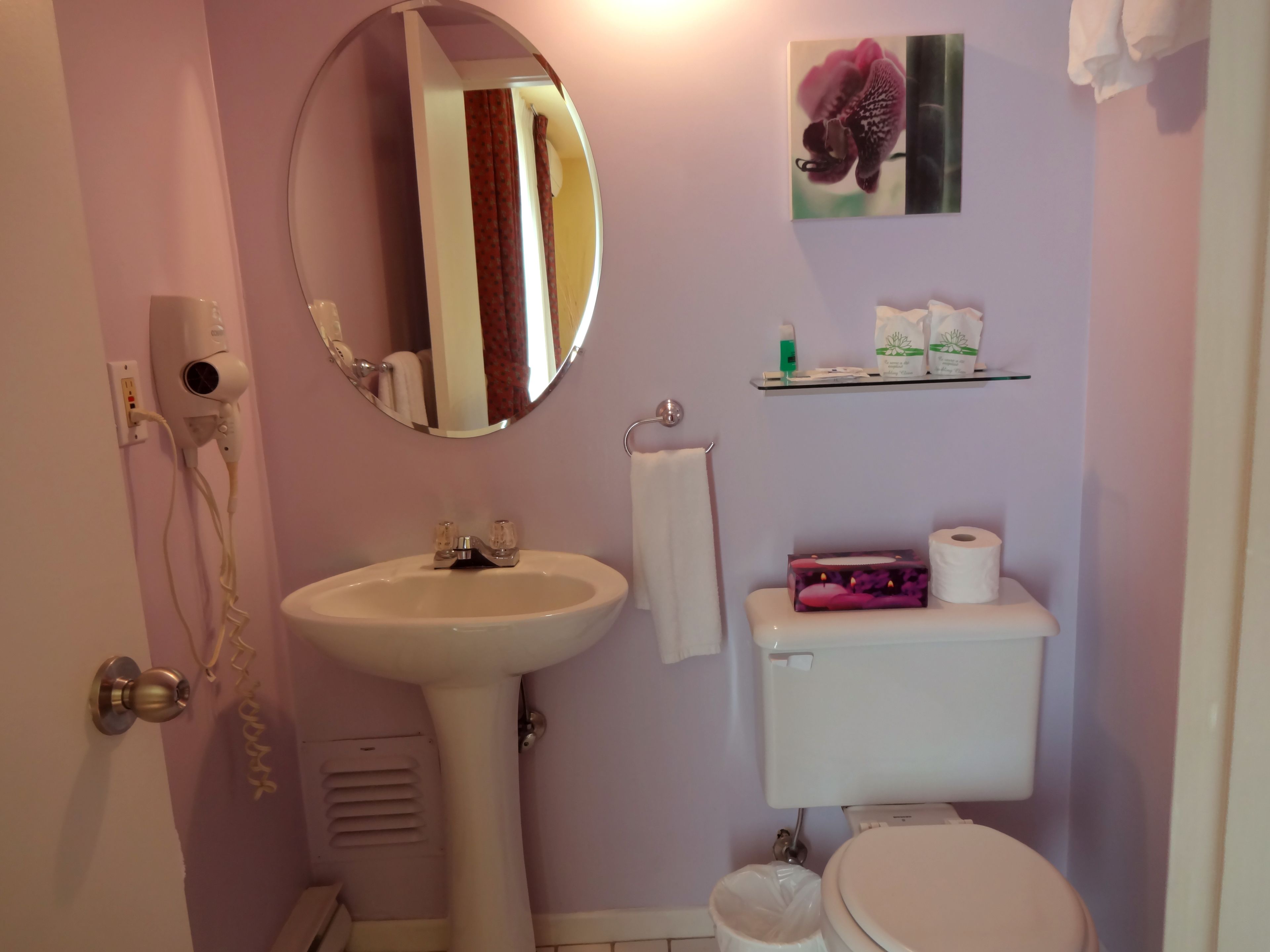 Ein Badezimmer mit Waschbecken, Spiegel, Toilette und Ablagefläche für Toilettenartikel.