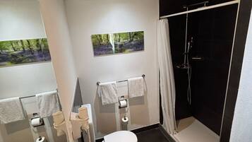 A bathroom with two toilets, a sink, a shower, and two towels hanging on the wall.