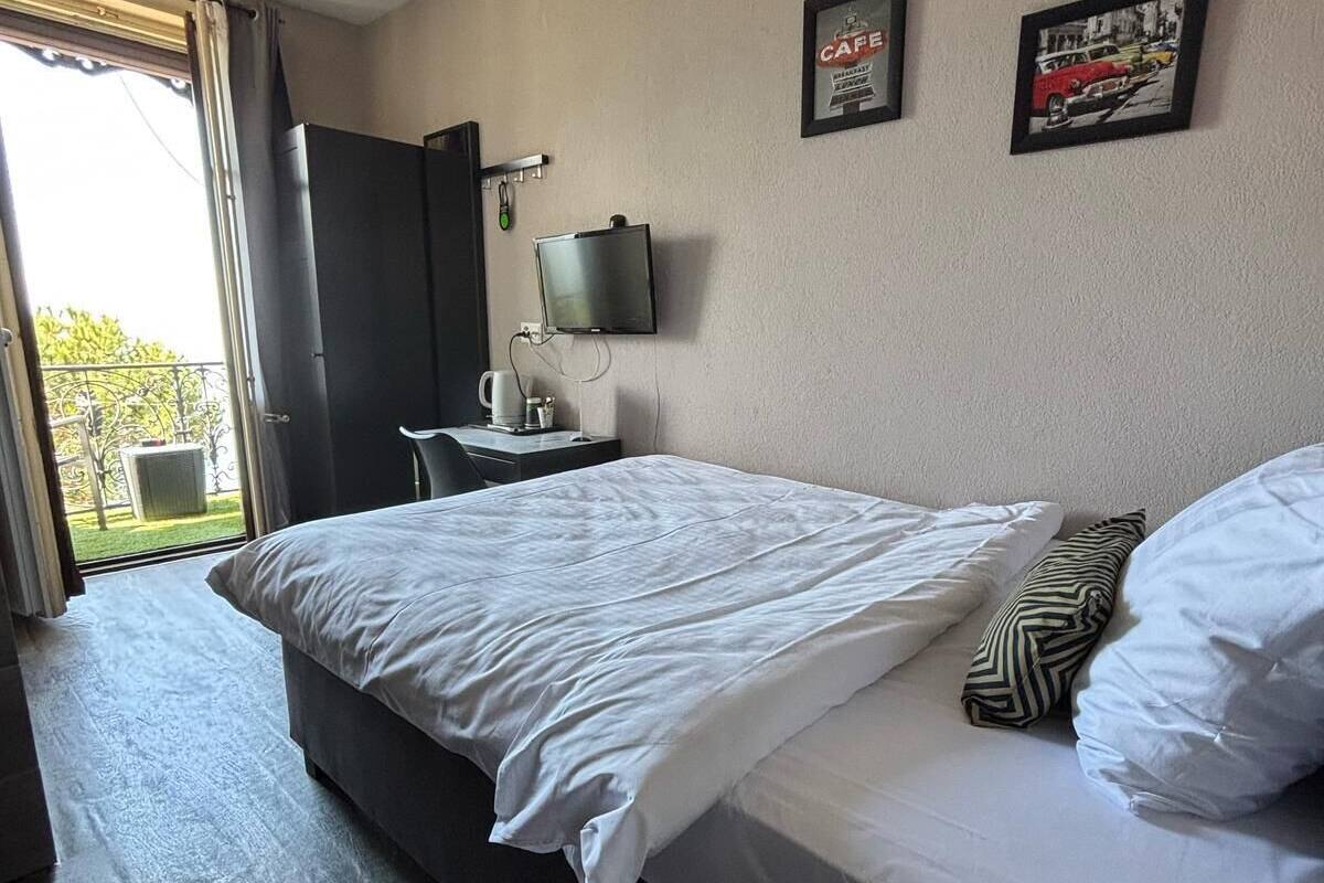 A hotel room with a large bed, a desk with a chair, a television, and a window with a view of greenery.