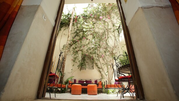 Un patio interior con un sofá y sillones, rodeado por un arco decorativo y plantas trepadoras.