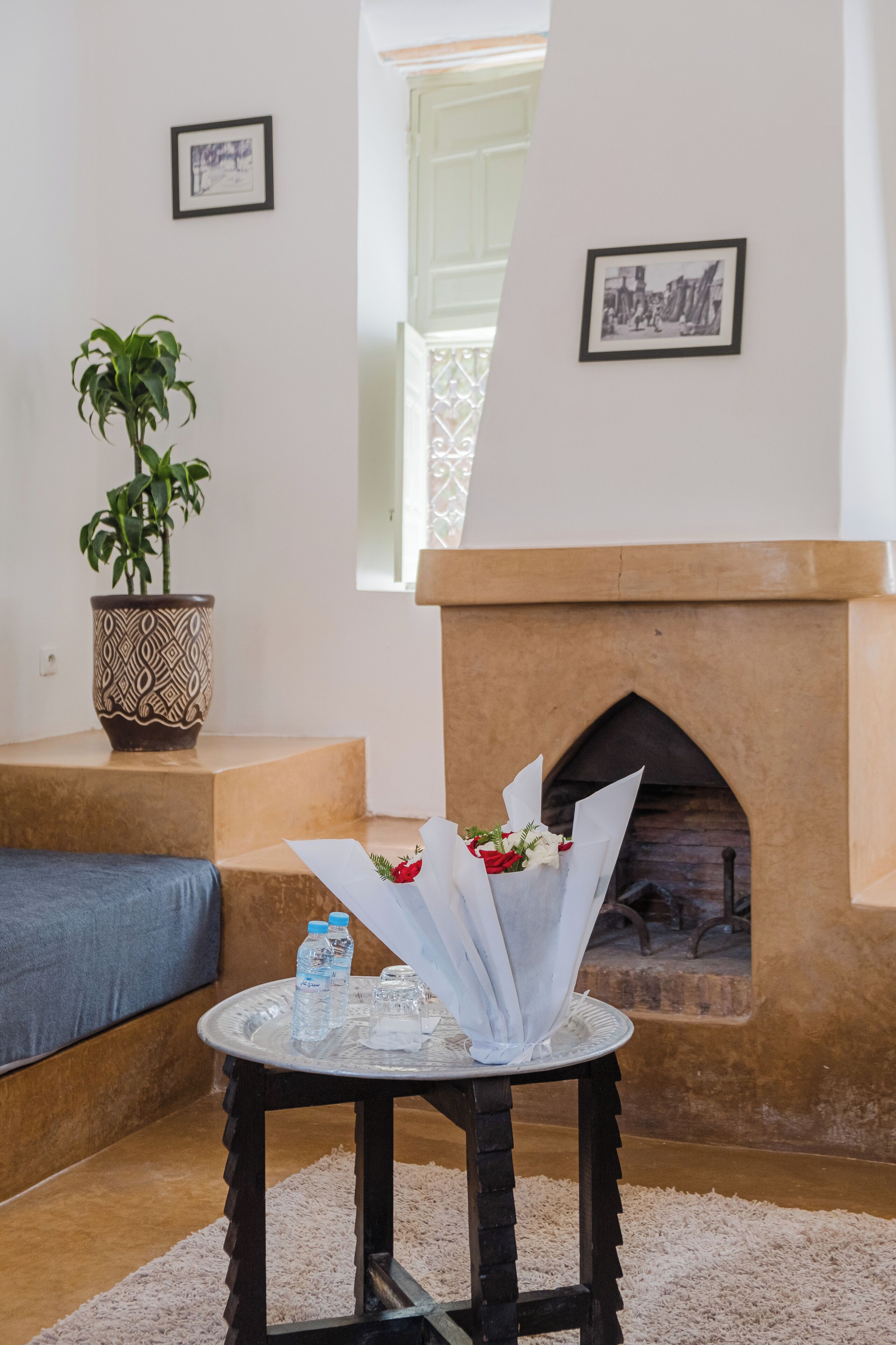 A cozy living room with a fireplace, a potted plant, and a small table with water bottles and a bouquet of flowers.
