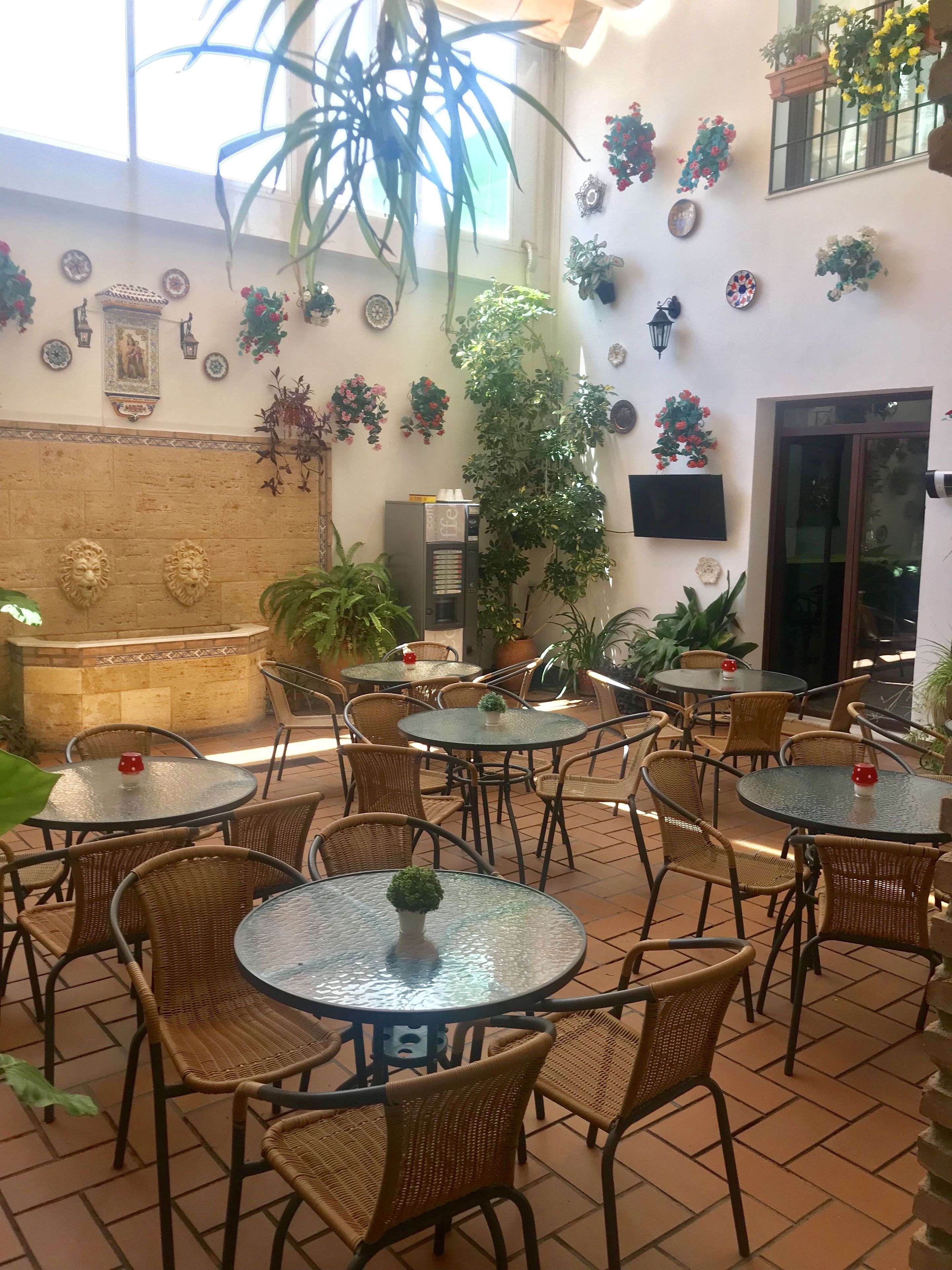 An indoor patio area with round tables and wicker chairs, surrounded by potted plants and decorative wall elements.