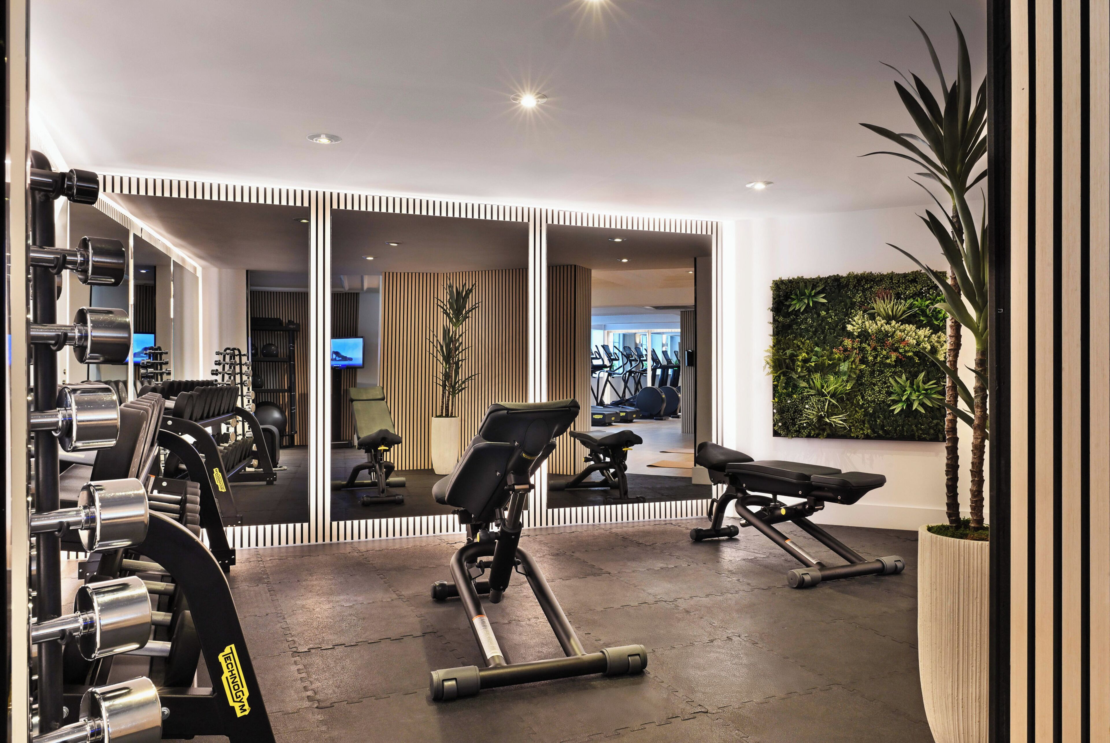 A gym with exercise equipment, a mirrored wall, and a green wall with plants.