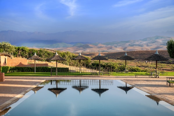 Outdoor pool, pool umbrellas, pool loungers