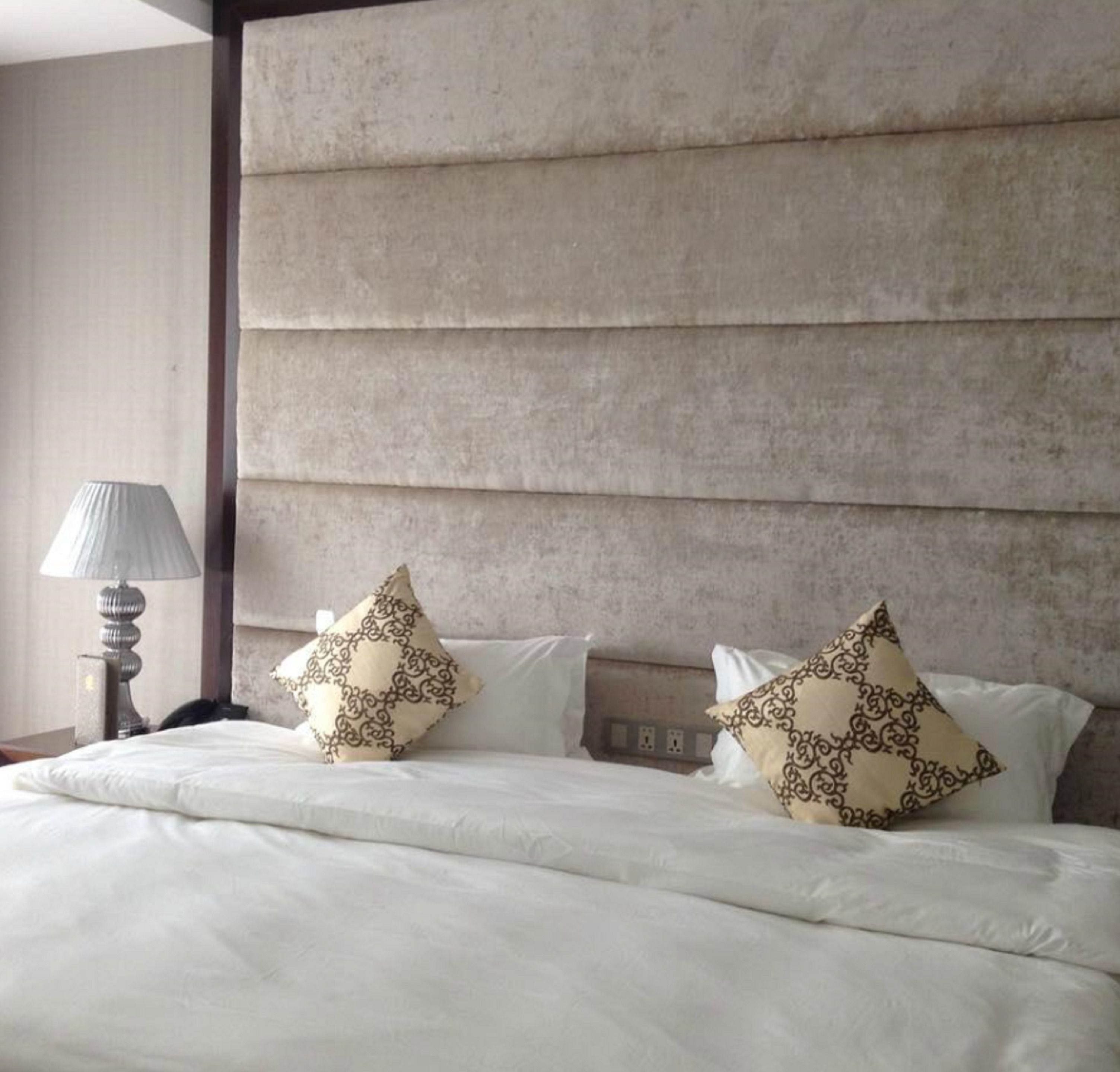 A hotel room with a large bed, two decorative pillows, a bedside lamp, and a plain headboard.