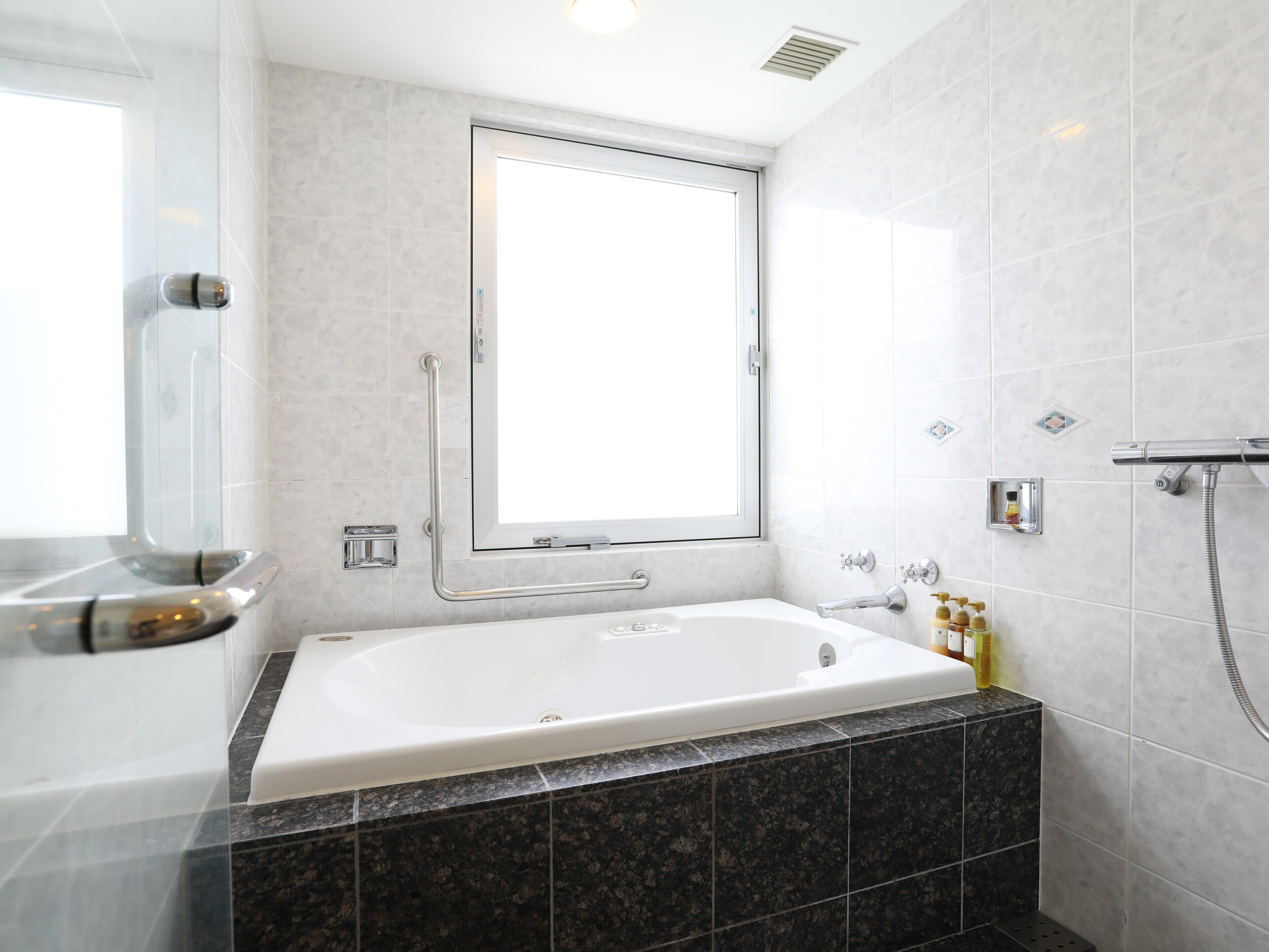 combined shower/bathtub, free toiletries, hair dryer, slippers