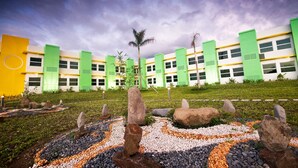 A modern building with green and yellow facades, surrounded by a landscaped garden with rocks and plants.