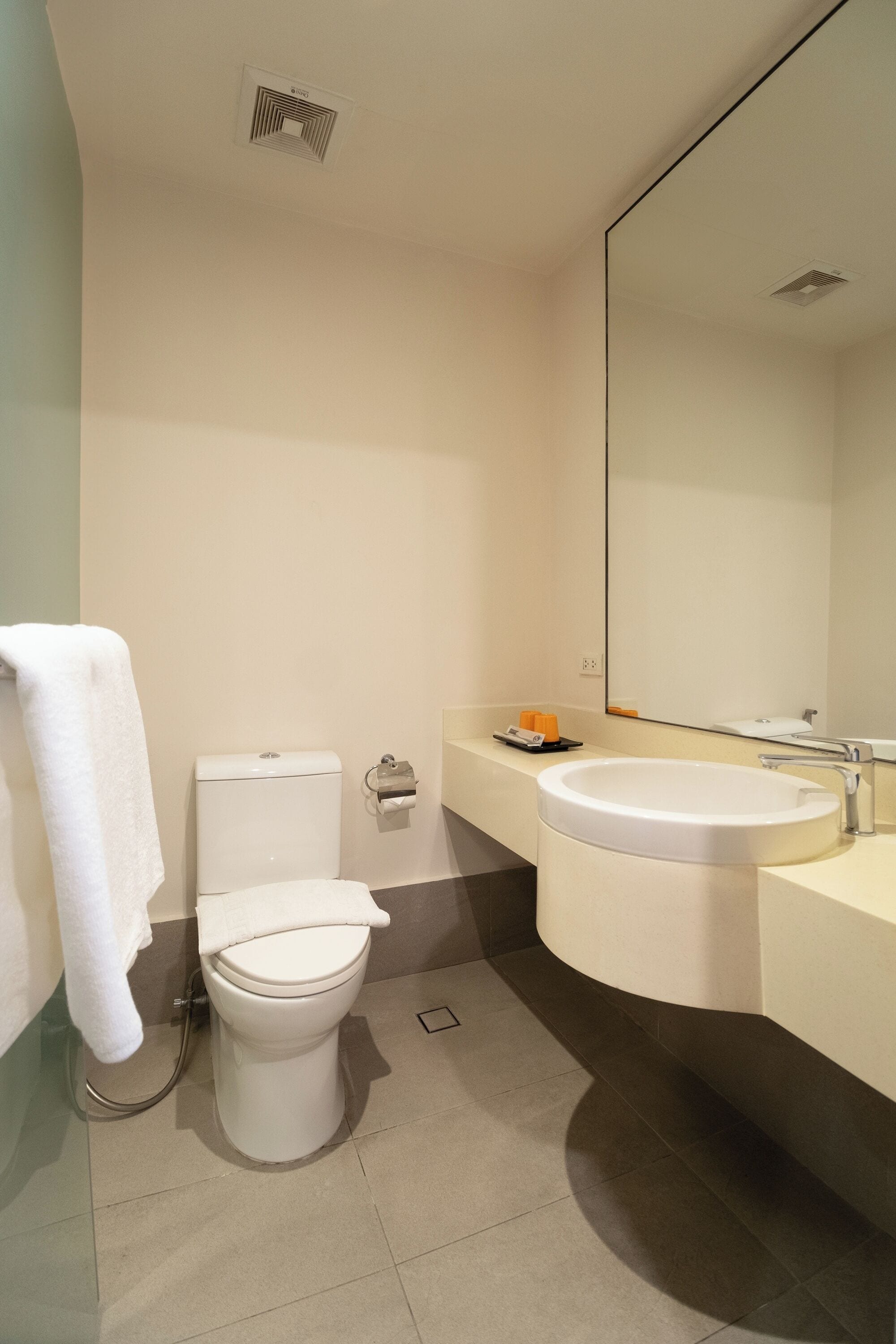 A modern bathroom with a toilet, sink, and mirror.
