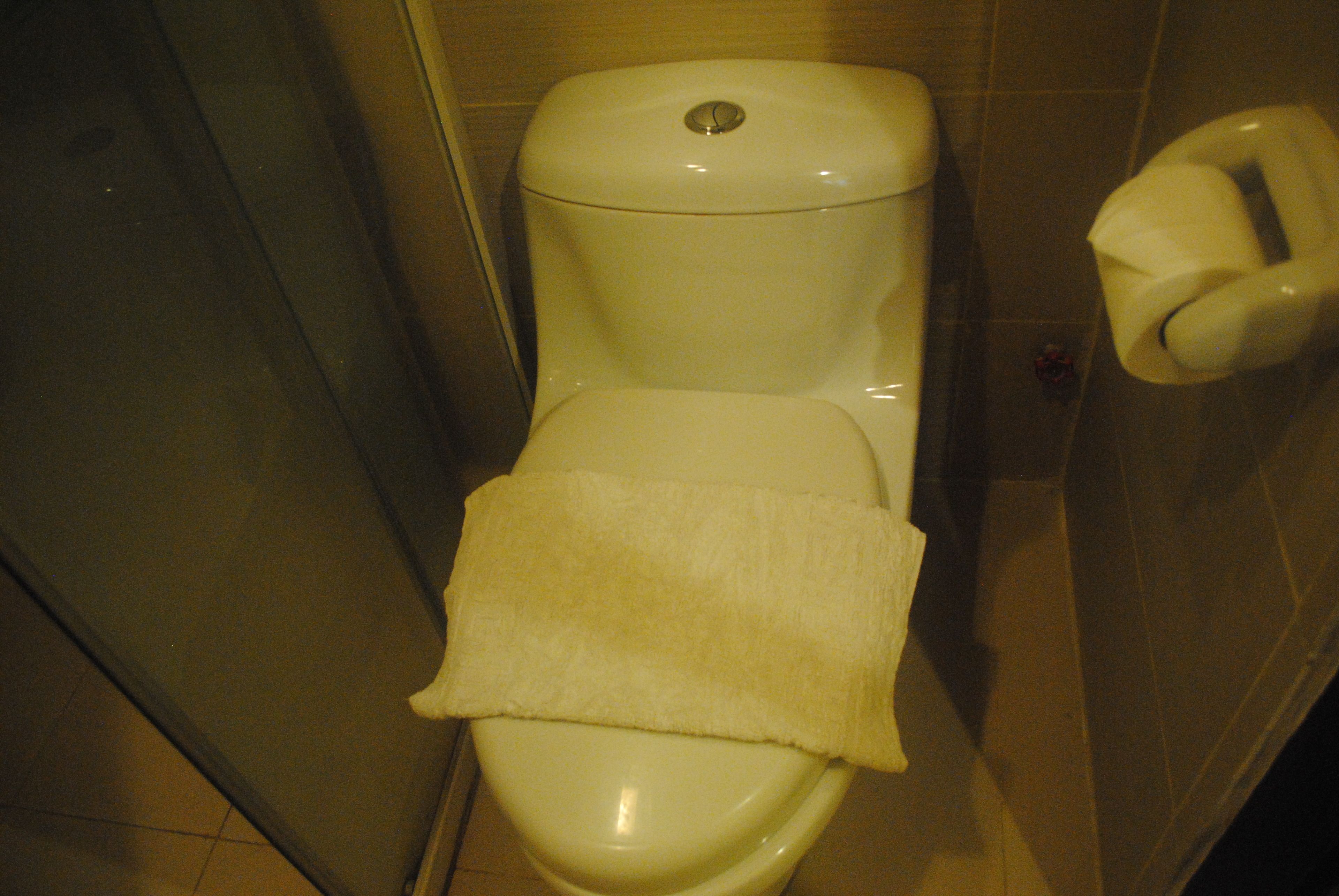 Un inodoro con una toalla blanca sobre el asiento y un dispensador de papel higiénico a la derecha.