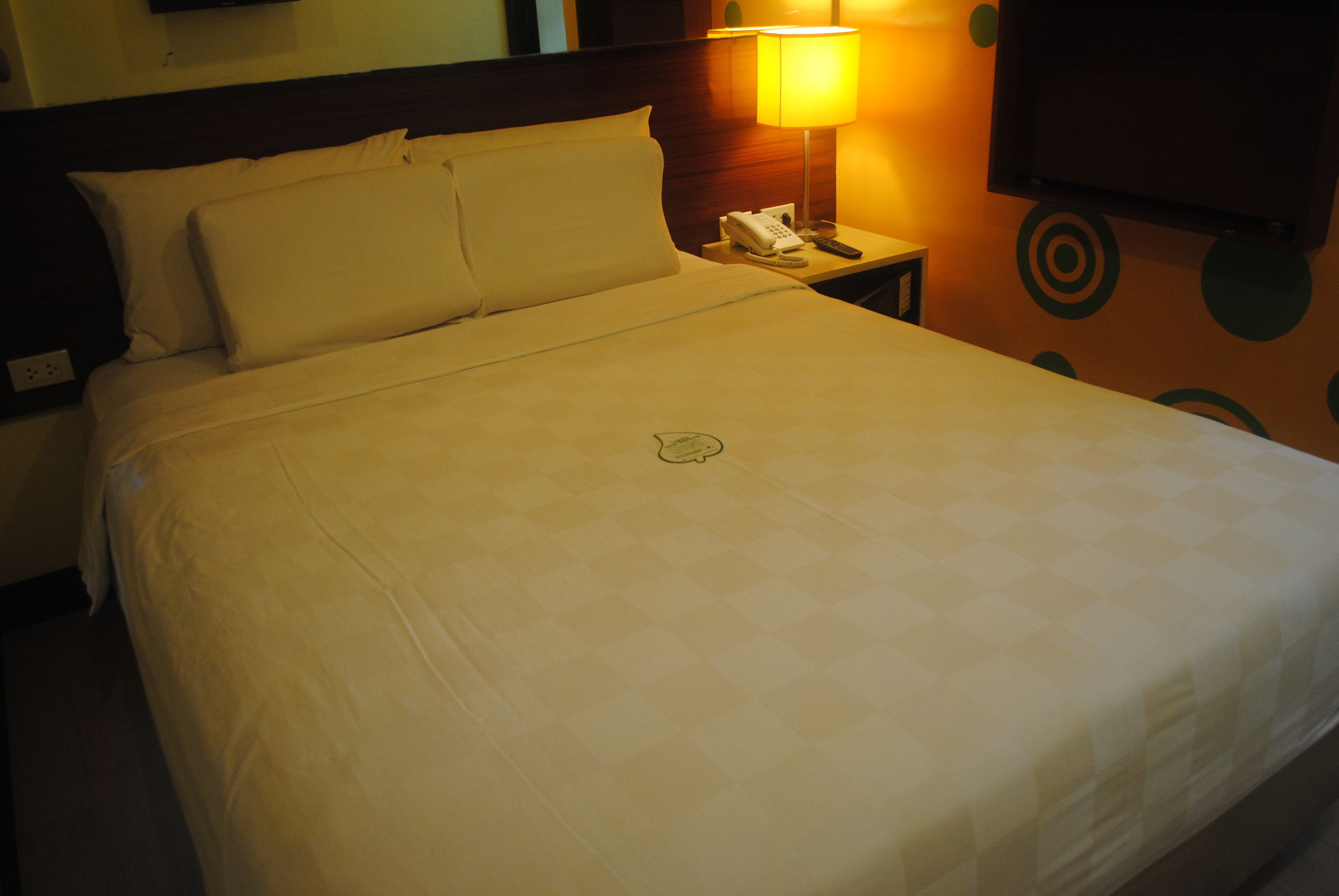 A hotel room with a large bed, a bedside lamp, a telephone, and a TV mounted on the wall.
