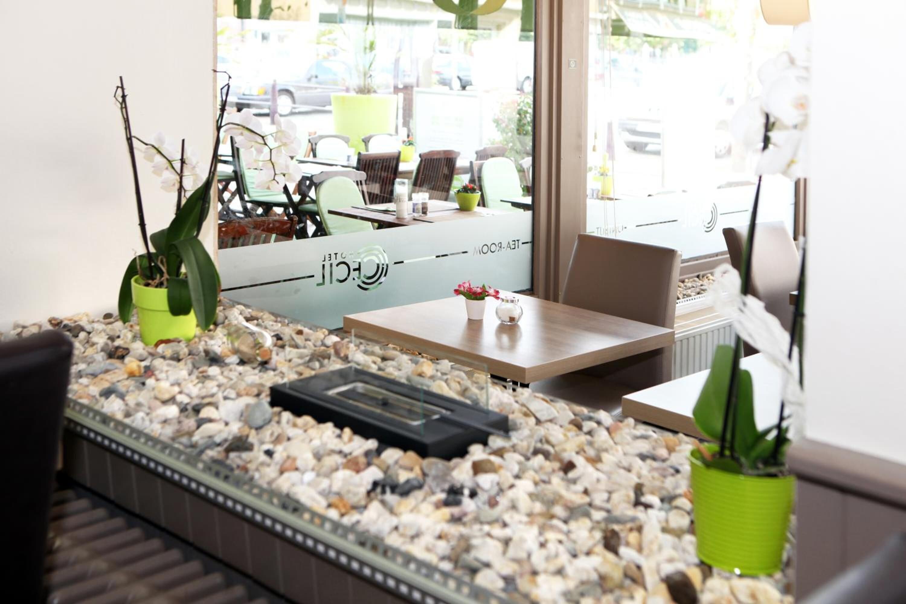 Un área de estar interior moderna con un separador de vidrio, una pequeña mesa con un florero y plantas en macetas.