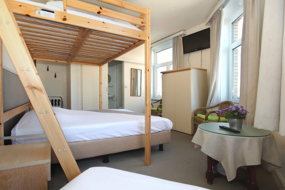 Une chambre avec un lit superposé, une échelle en bois, une petite table avec un vase et un téléviseur fixé au mur.