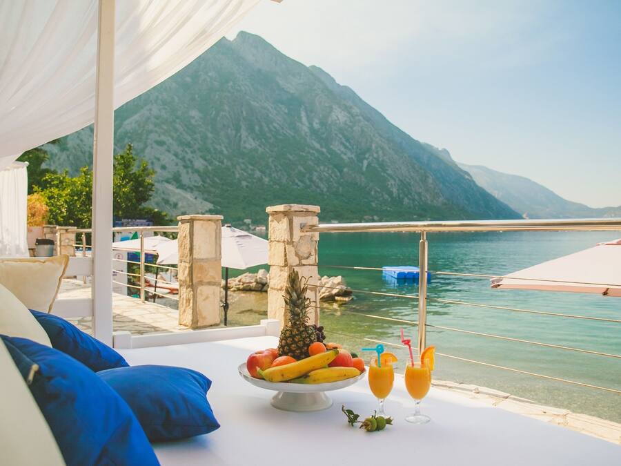 On the beach, sun-loungers, beach umbrellas