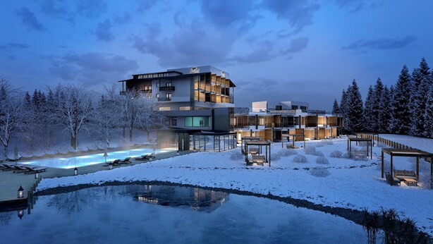 A modern hotel with a pool, outdoor seating, and a snowy landscape. - Bonfanti Design Hotel (Chienes)