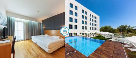 Hồ bơi ngoài trời phục vụ theo mùa, ghế dài tắm nắng