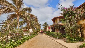 A cobblestone pathway leading to a building with a tiled roof, surrounded by lush tropical vegetation and palm trees.