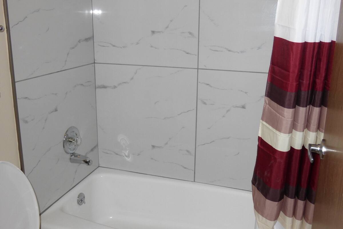 A bathroom with a white toilet, a bathtub, and a shower with a curtain.