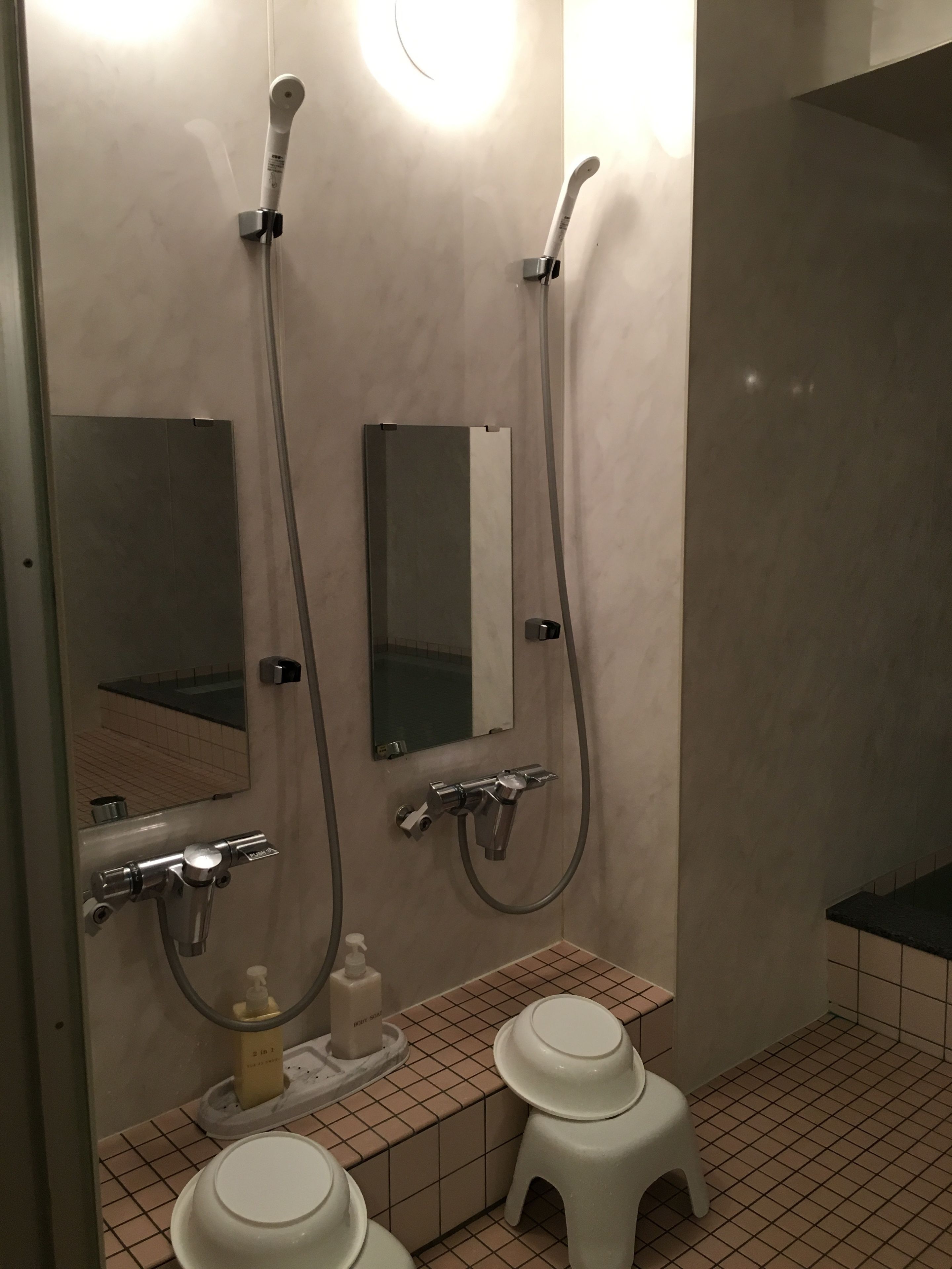 A bathroom with two toilets, a sink, a mirror, and a shower.