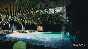 Piscina con sillones de descanso y zona sombreada con una palmera.