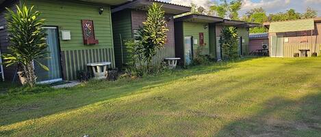 A row of green mobile homes with satellite dishes, a small table, and potted plants in the yard.