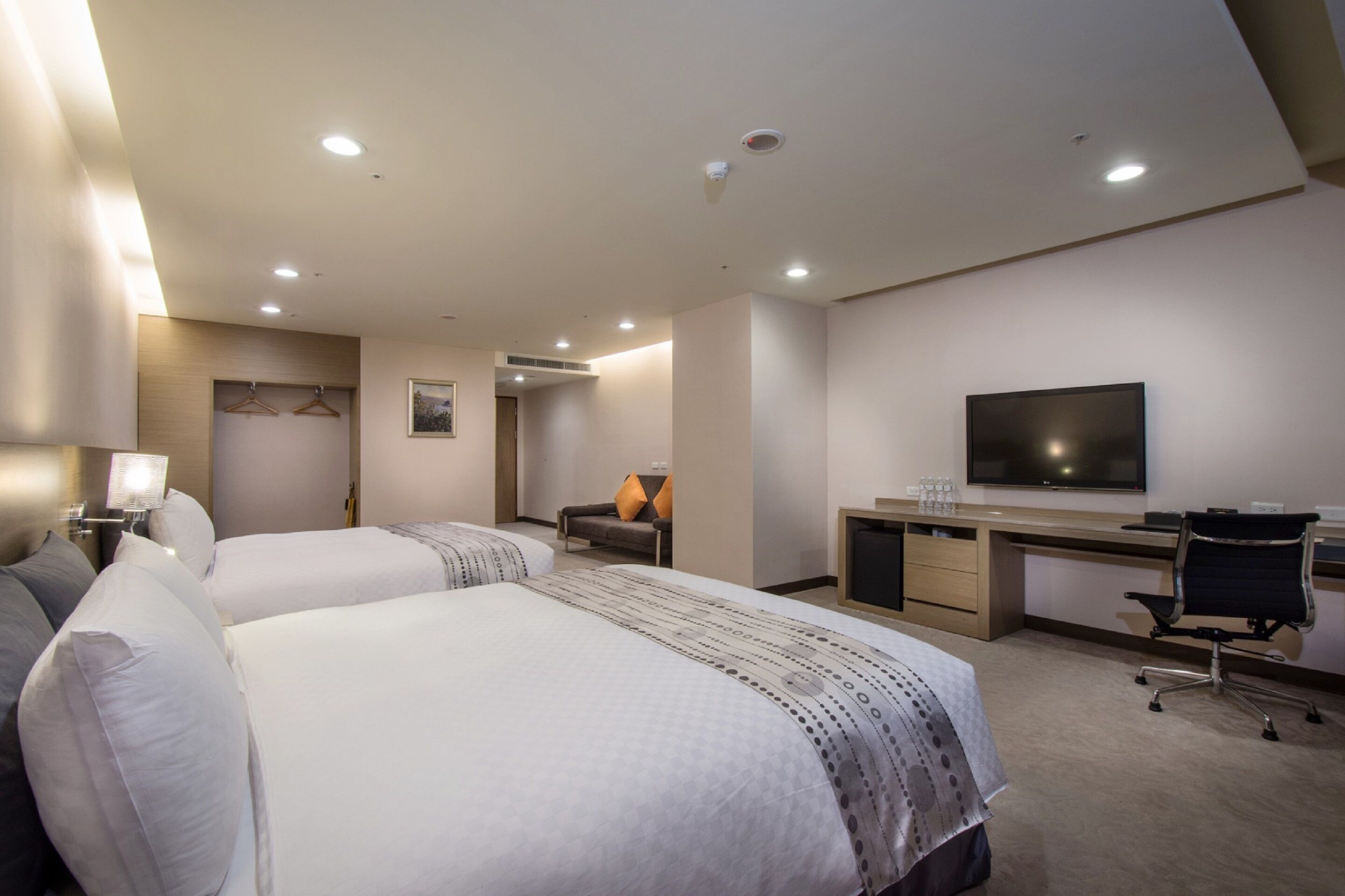executive room with two double beds | premium bedding, down duvets, in-room safe, desk