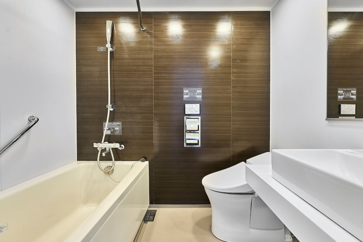 combined shower/bathtub, free toiletries, hair dryer, slippers