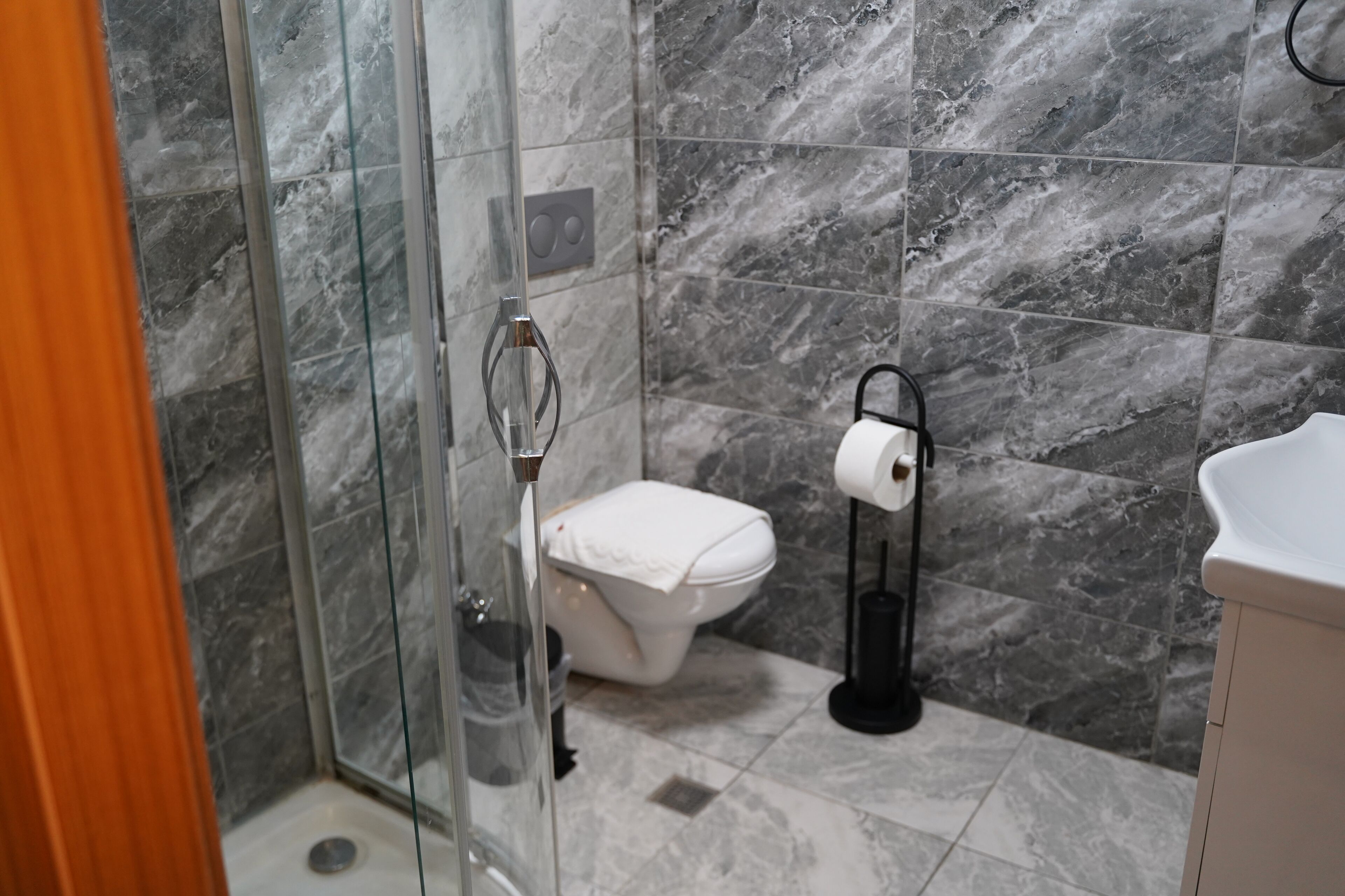 A bathroom with a glass shower enclosure, a white toilet, and a black toilet paper holder.