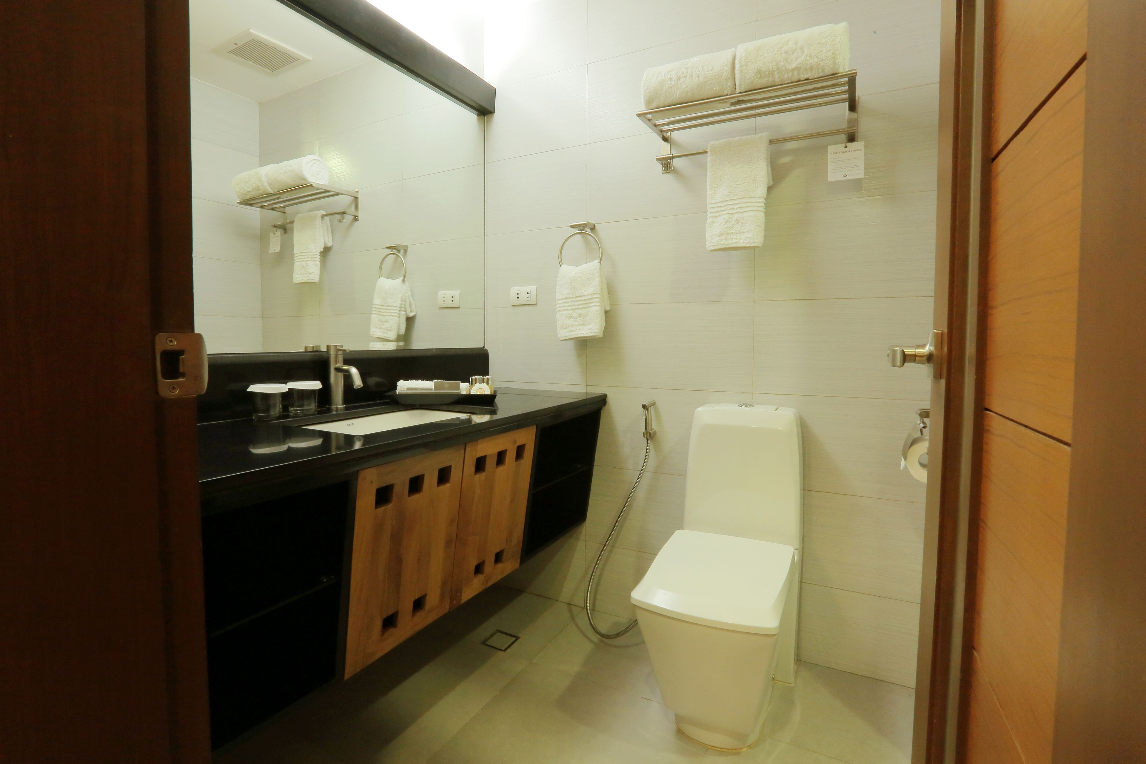 free toiletries, hair dryer, slippers, towels