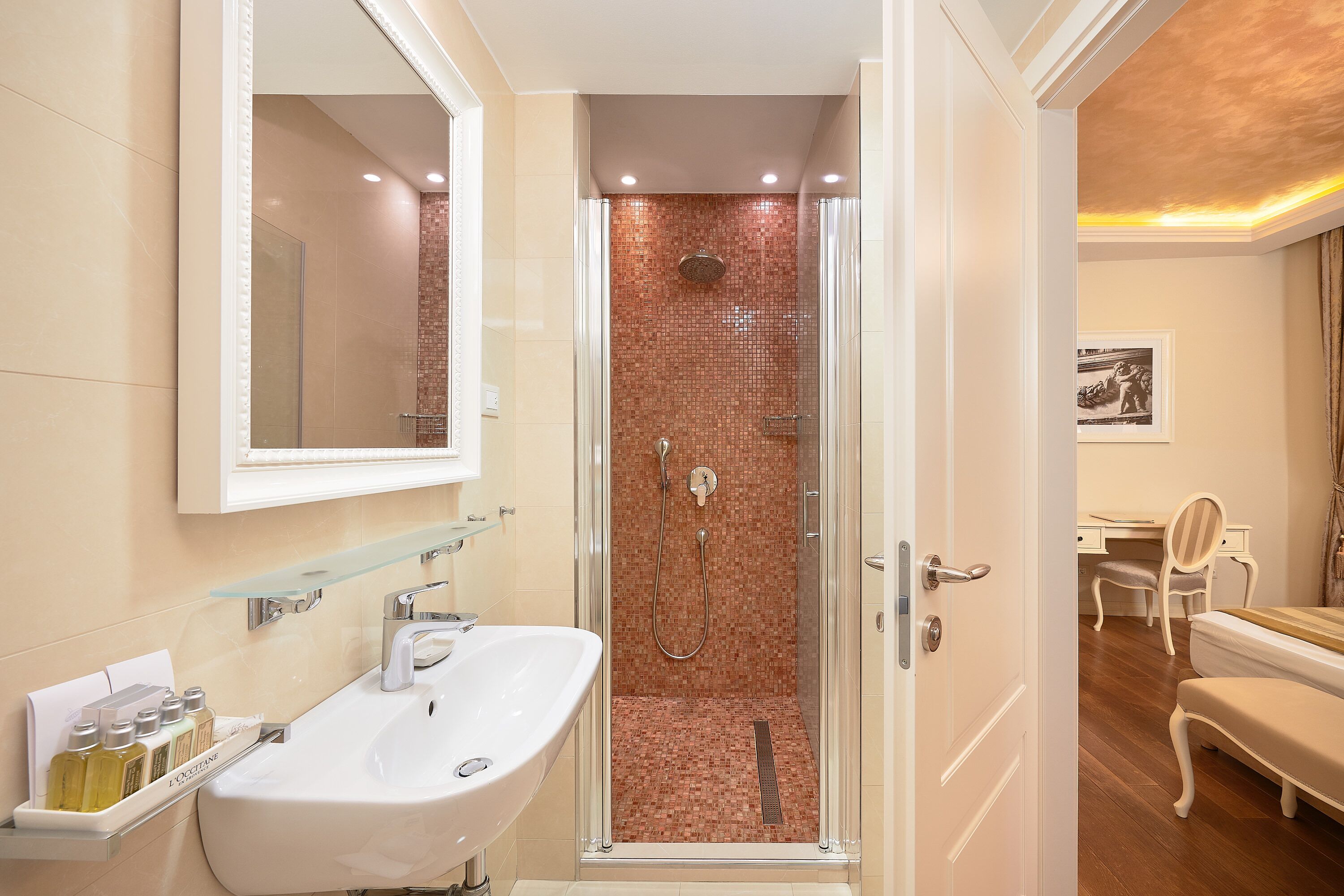 deluxe double or twin room | bathroom | shower, designer toiletries, hair dryer, bathrobes