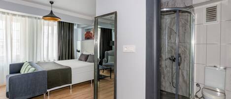 A modern room with a sofa, a glass shower enclosure, and a toilet.