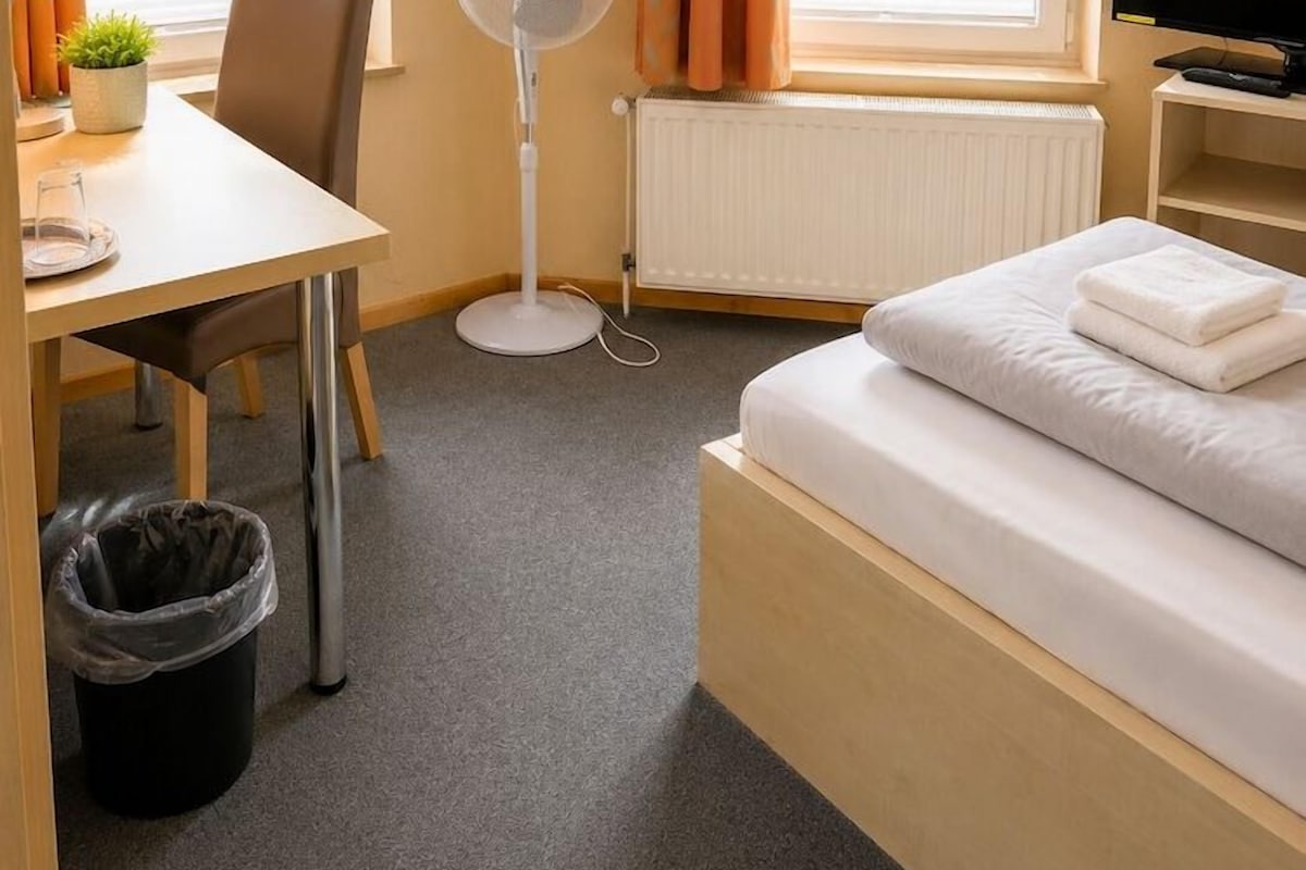 A hotel room with a bed, a desk, a chair, a TV, a fan, and a window with curtains.