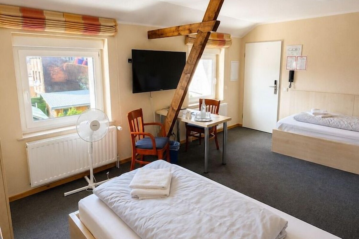 A hotel room with a bed, a desk, a chair, a radiator, a television, and a window with a view of buildings outside.