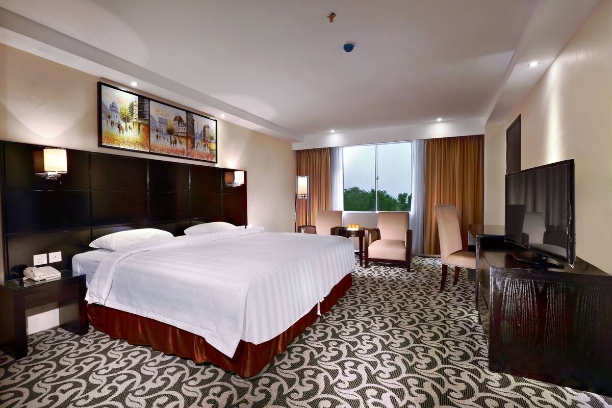 Habitación de hotel con una cama grande, un televisor de pantalla plana, un escritorio con lámpara y vistas al exterior.