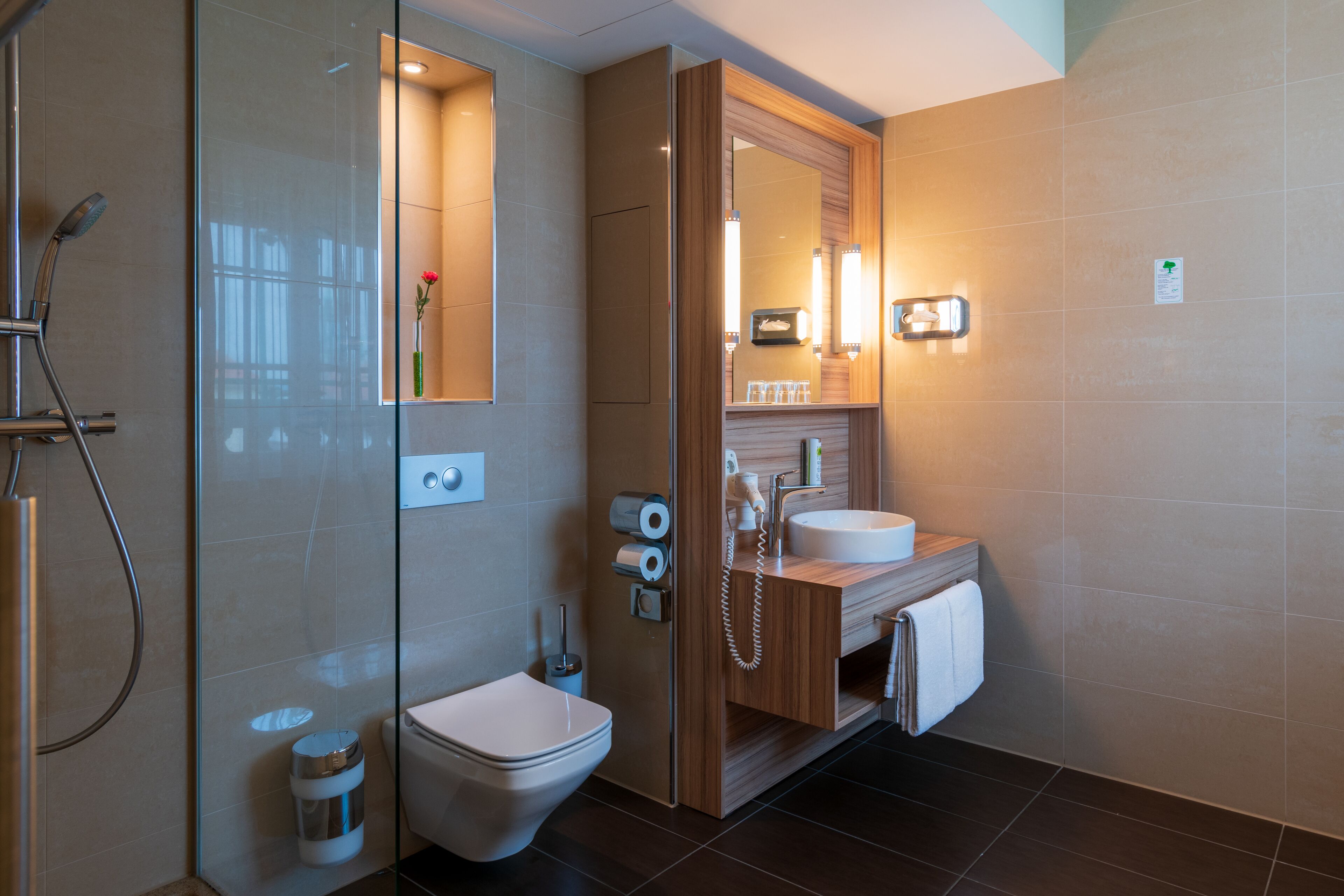 shower, free toiletries, hair dryer, towels