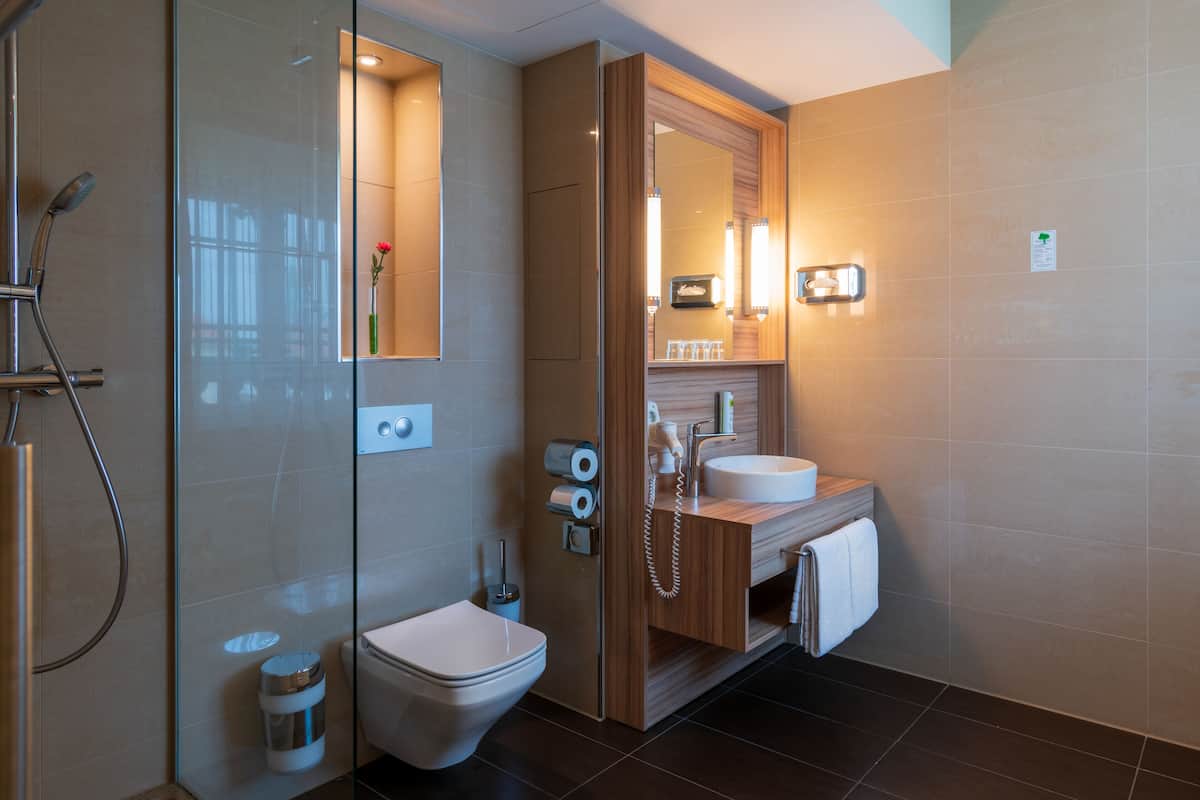 shower, free toiletries, hair dryer, towels