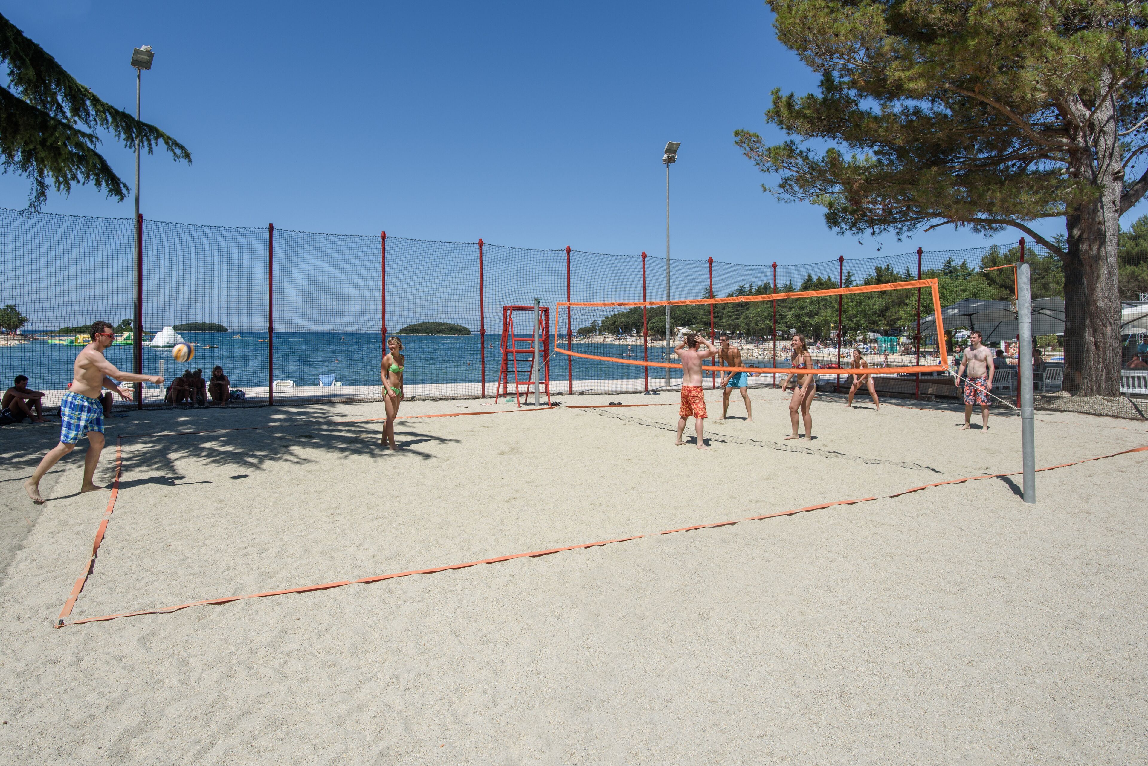 En strandvolleybane med net, omgivet af sand og træer.