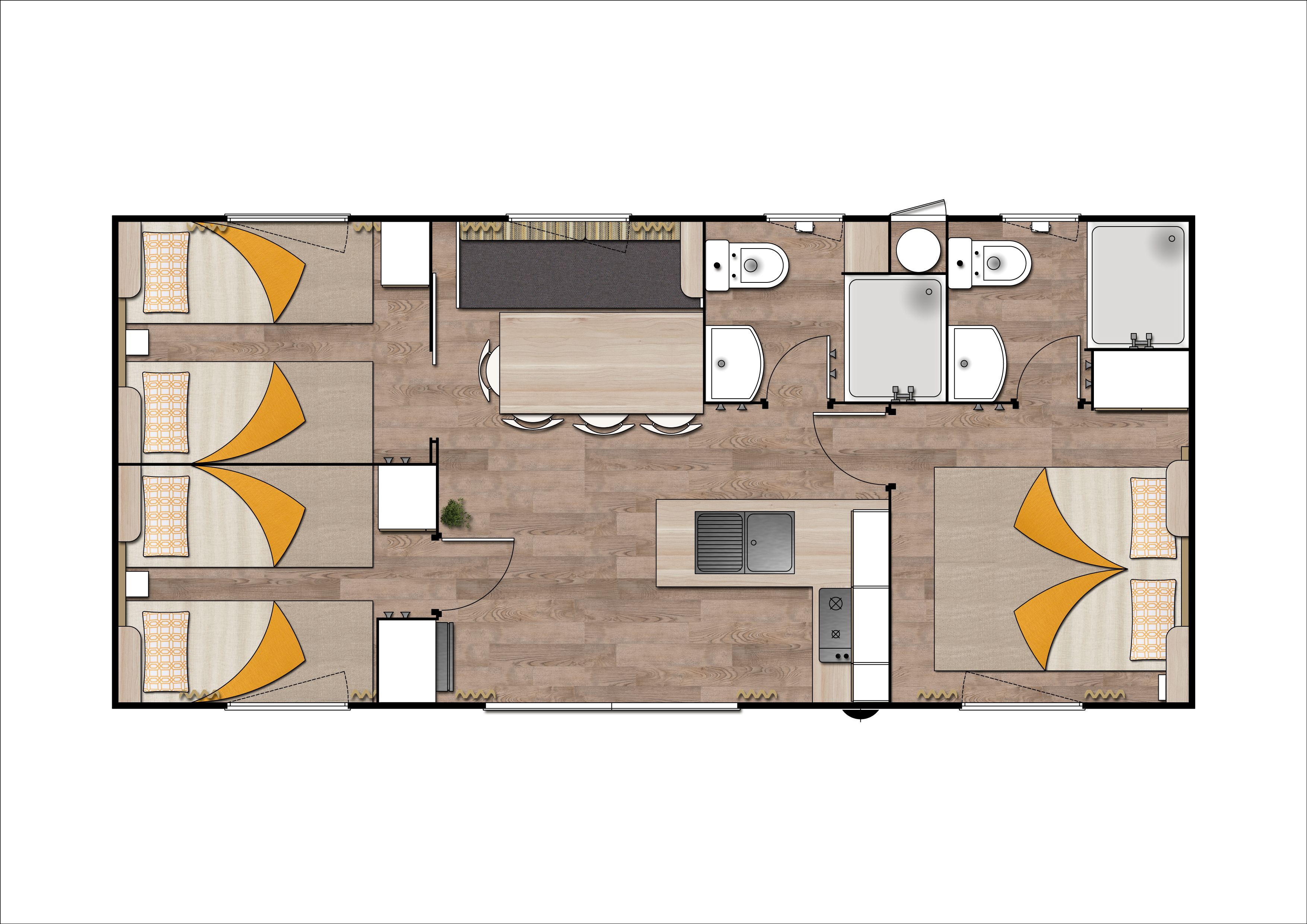 A floor plan of a hotel room with a bed, a desk, a chair, a small table, a sofa, a window, and a bathroom.