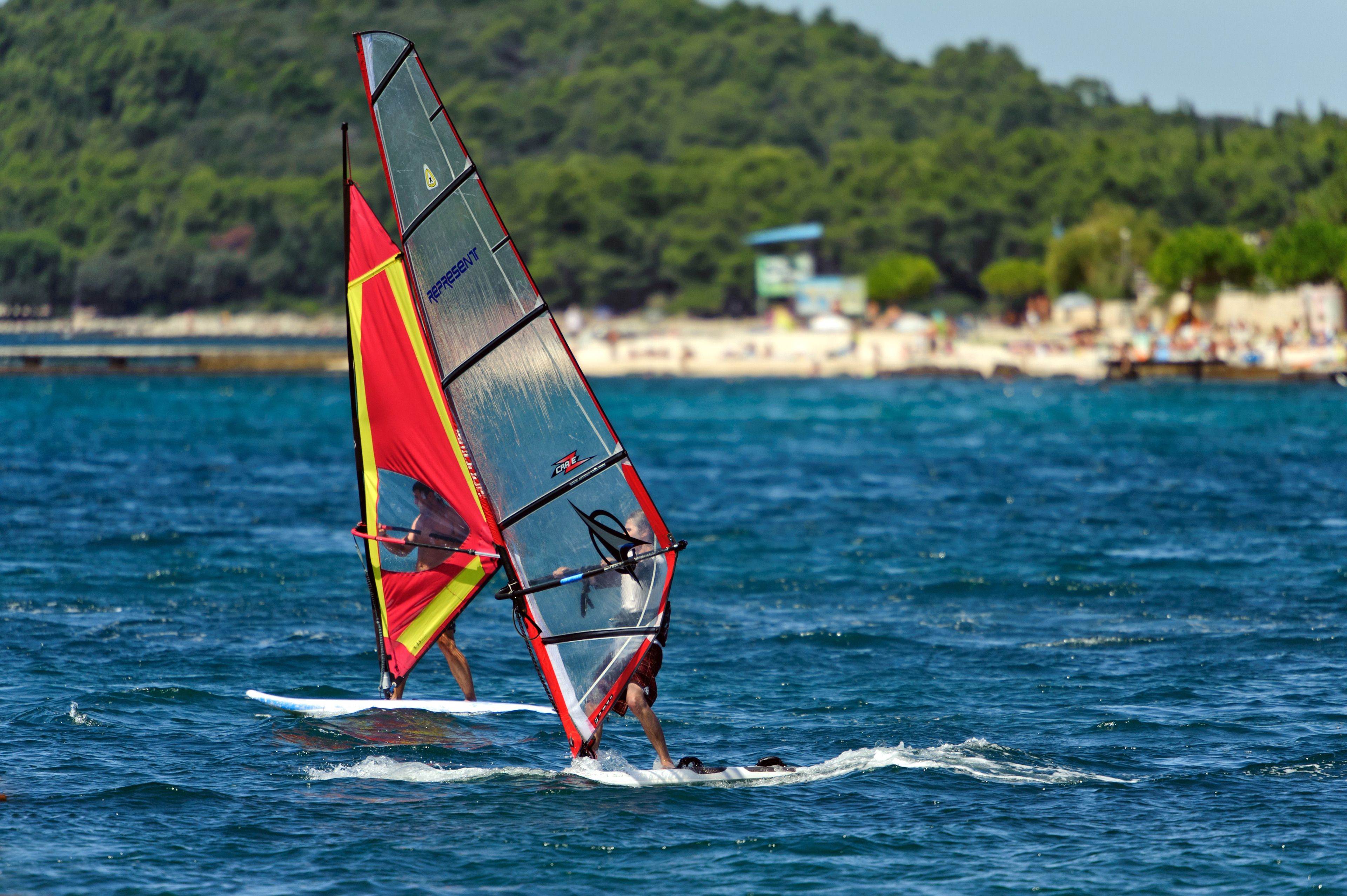 A person windsurfing on a clear day with a beach and greenery in the background.