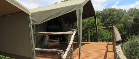 A tented structure with a wooden deck and a bench.