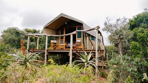 A tent-style accommodation with a wooden deck and seating area, surrounded by natural vegetation. - Woodbury Tented Camp - Amakhala Game Reserve (Sidbury)