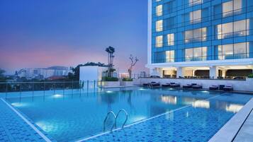 Outdoor pool, open 6:00 AM to 8:00 PM, sun loungers