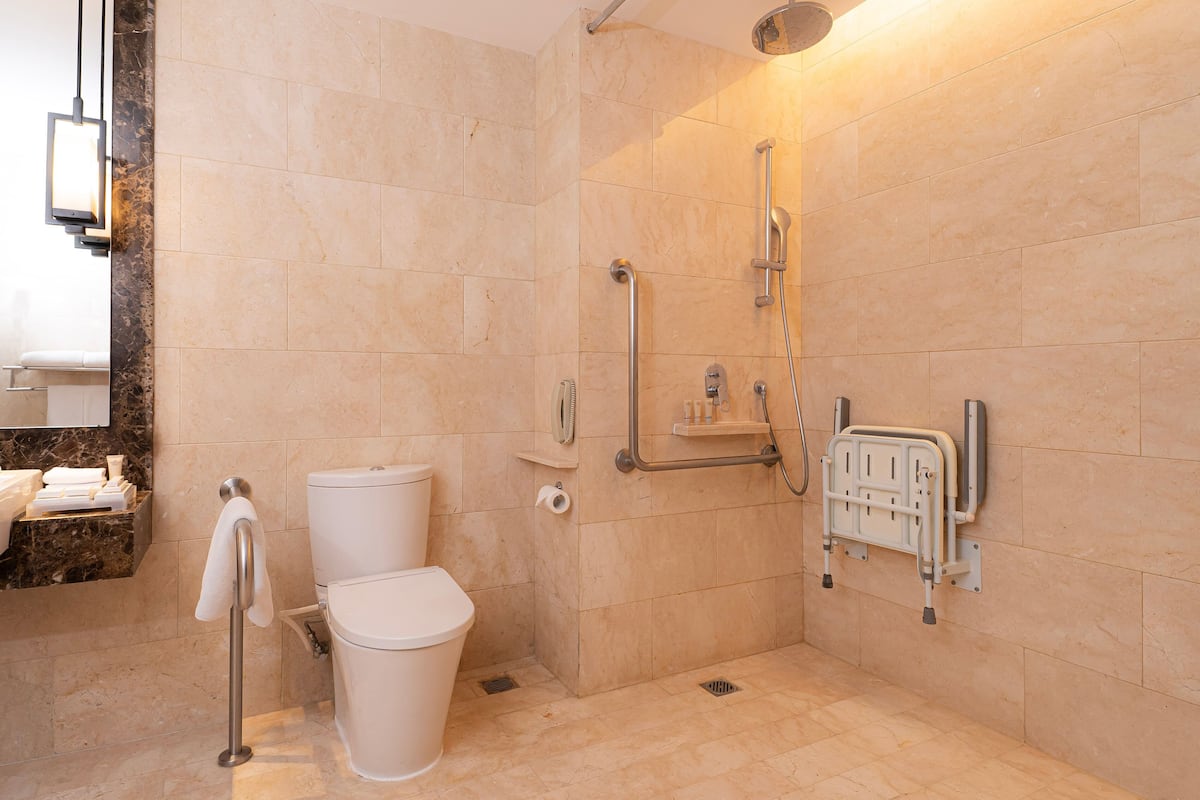 A modern bathroom with a shower, toilet, and handrails.