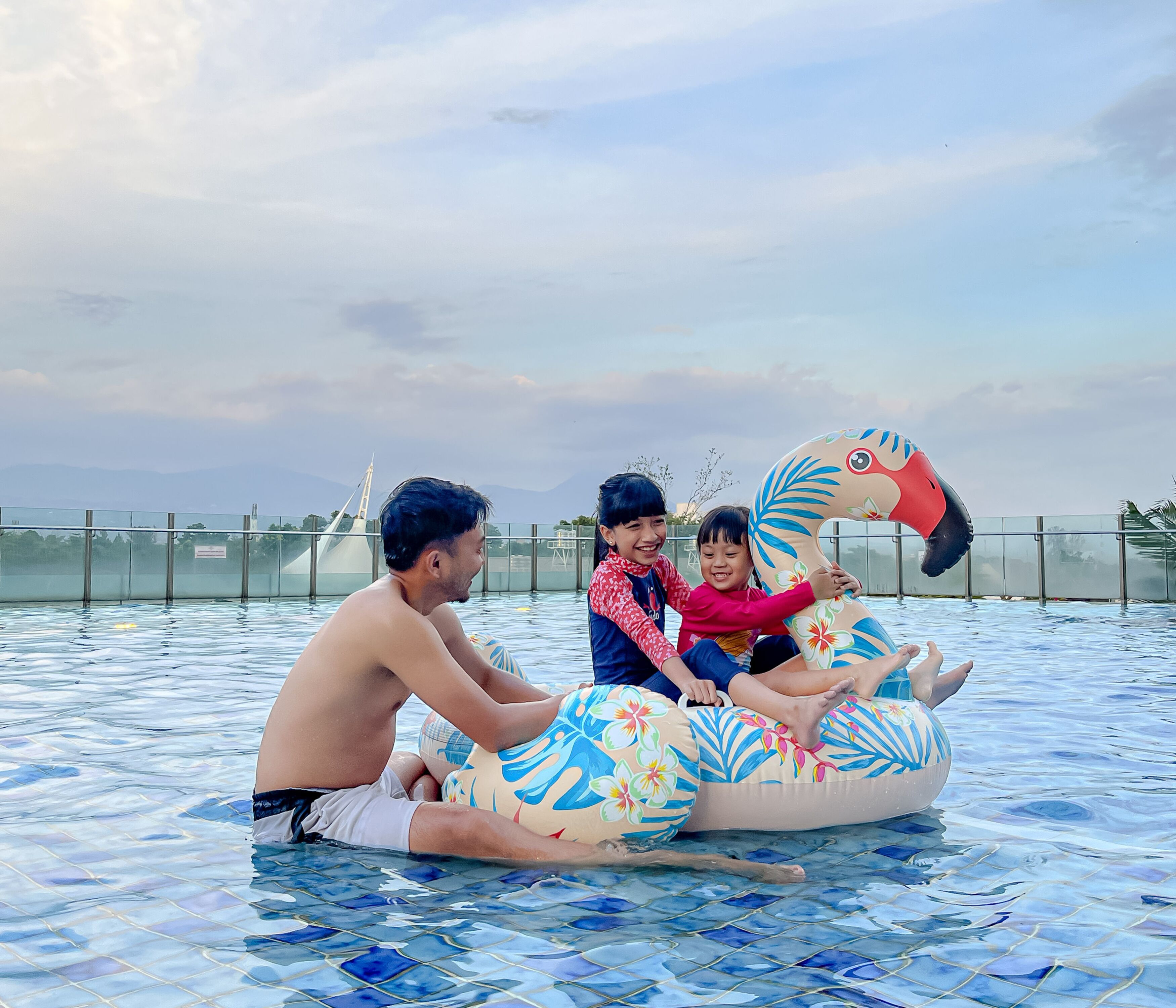 Una piscina amb un flotsam decoratiu amb forma de cigne.
