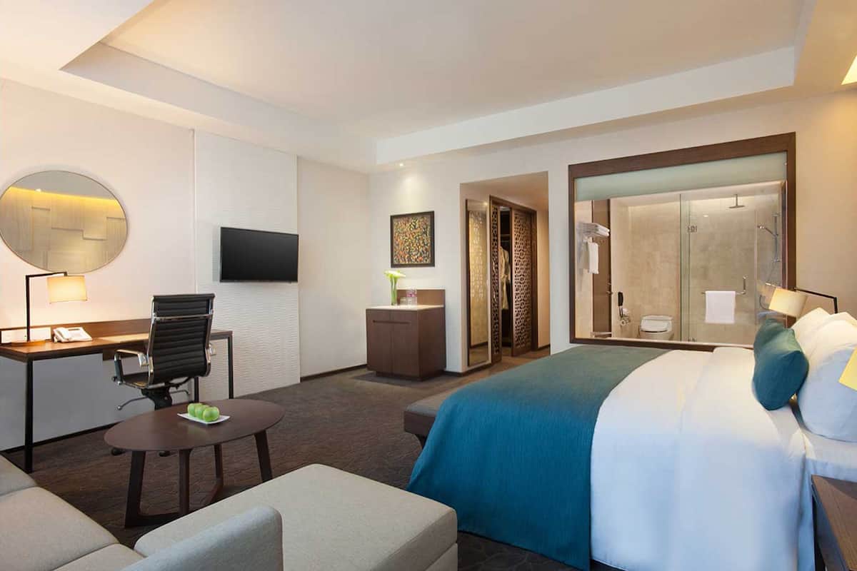 A hotel room with a bed, a desk with a chair, a TV, a small table with apples, a sofa, and a bathroom with a shower and toilet.