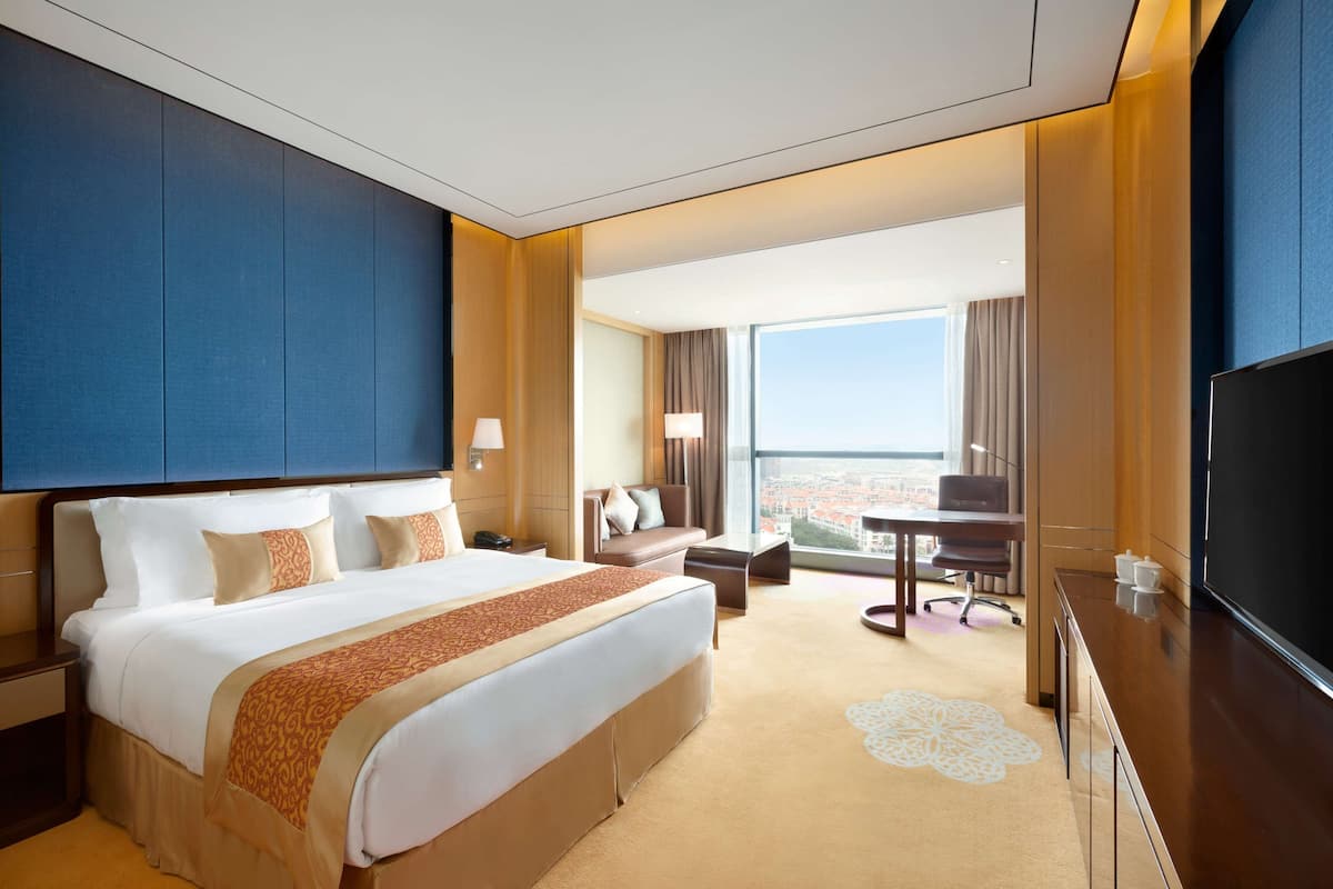 Quarto de hotel com uma cama grande, uma escrivaninha, uma televisão e vista para a cidade.