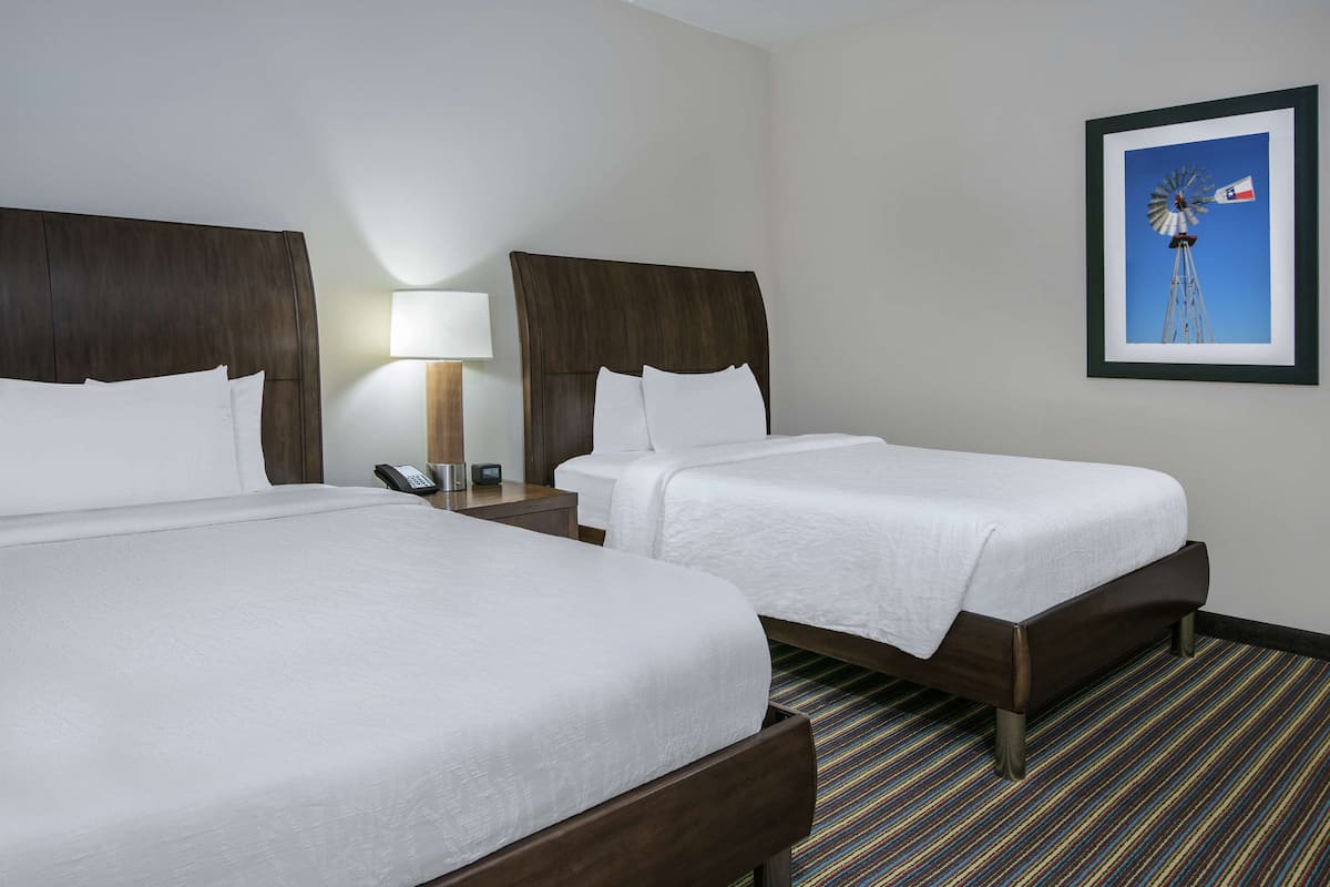 A hotel room with two beds, a nightstand with a lamp, a framed picture of a windmill, and a striped carpet.