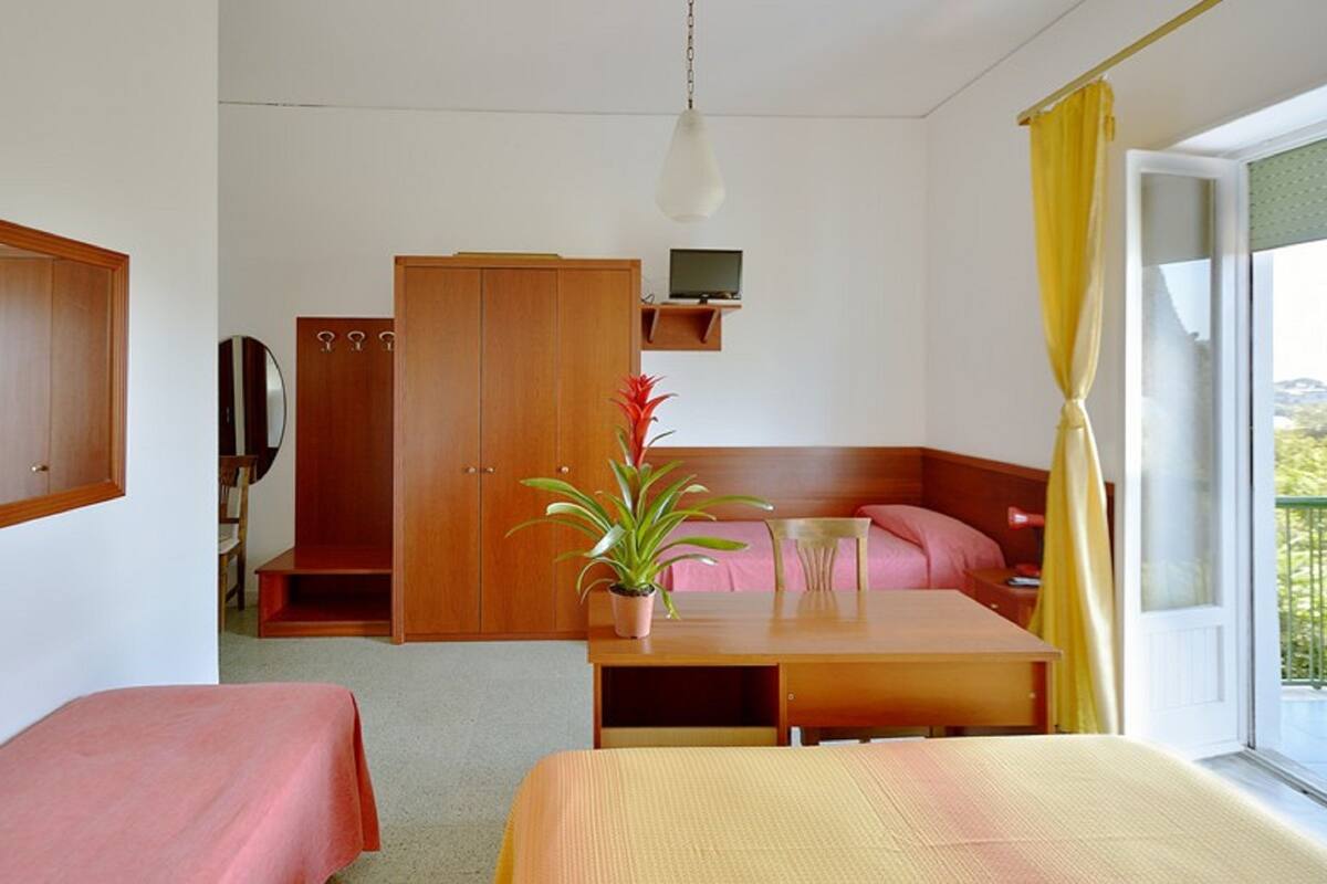 Ein Hotelzimmer mit einem Bett, einem Schreibtisch, einem Sessel, einem Kleiderschrank, einem Spiegel und einer Zimmerpflanze.